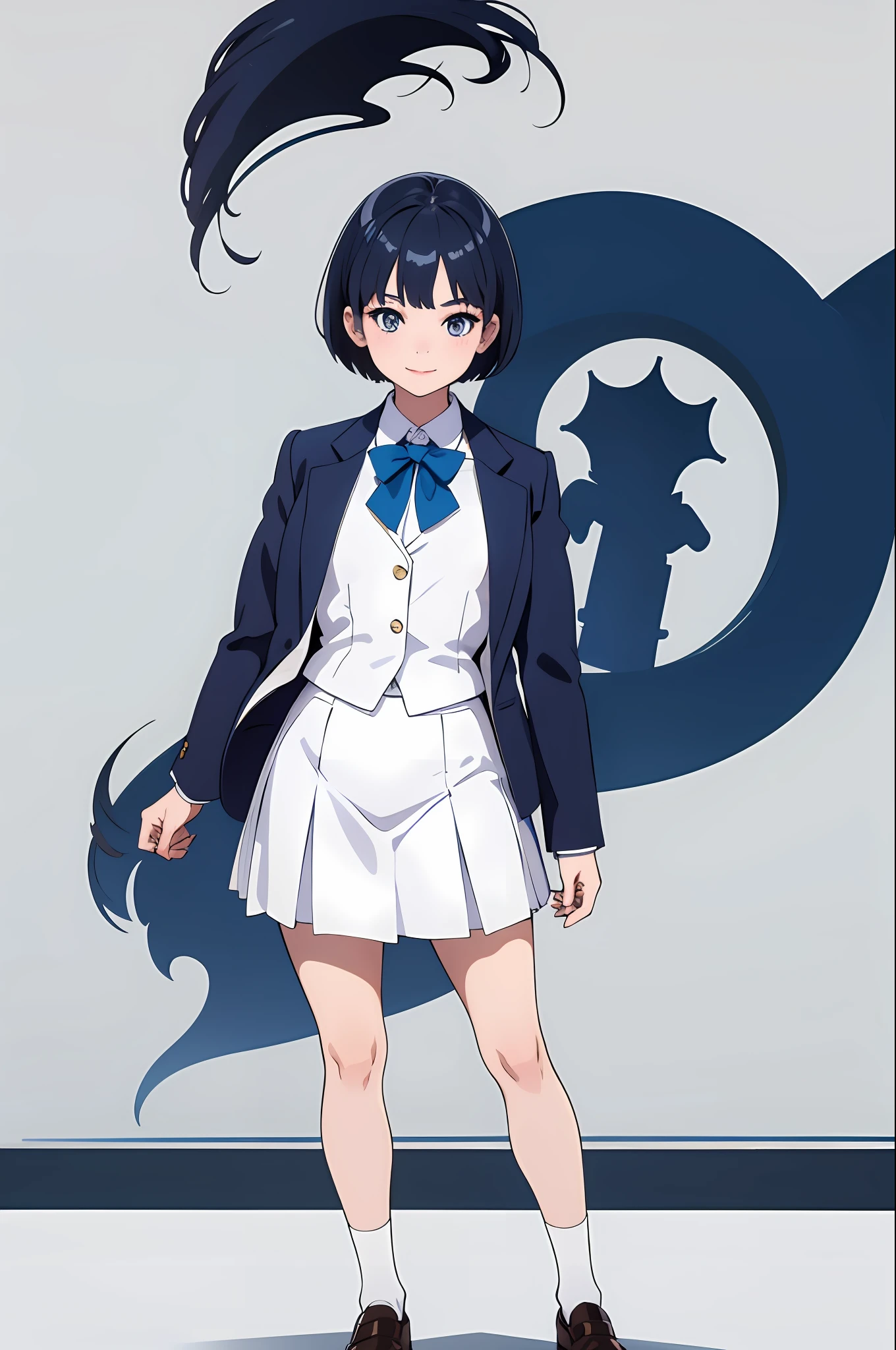 masterpiece, best quality, 1girl, standing, full-body, happiness, soft, ultra-clear, high definition image, (front), (white background)), middle chest, dark blue hair, short hair, pathetic, school uniform blazer, smile