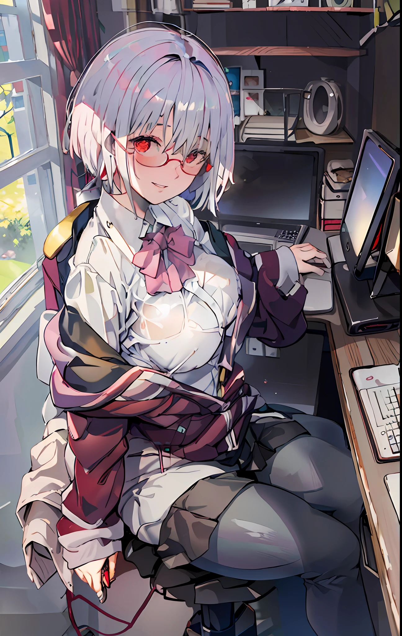 (SFW), masterpiece, best quality, highres 64k, professional artwork, famous artwork, clean, cinematic lighting, beautiful eyes + detail, beautiful hair + detail, multicolored hair, (sexy young female body:1.4), ( large breasts, lactation), happy:1.2m smile, very erotic looking at the viewer, floating hair, (shinjou_akane, red eyes, white hair, short hair, makeup, sexy lips, glasses, ), indoors, bedroom, sitting on computer chair, (welcome home) from side,