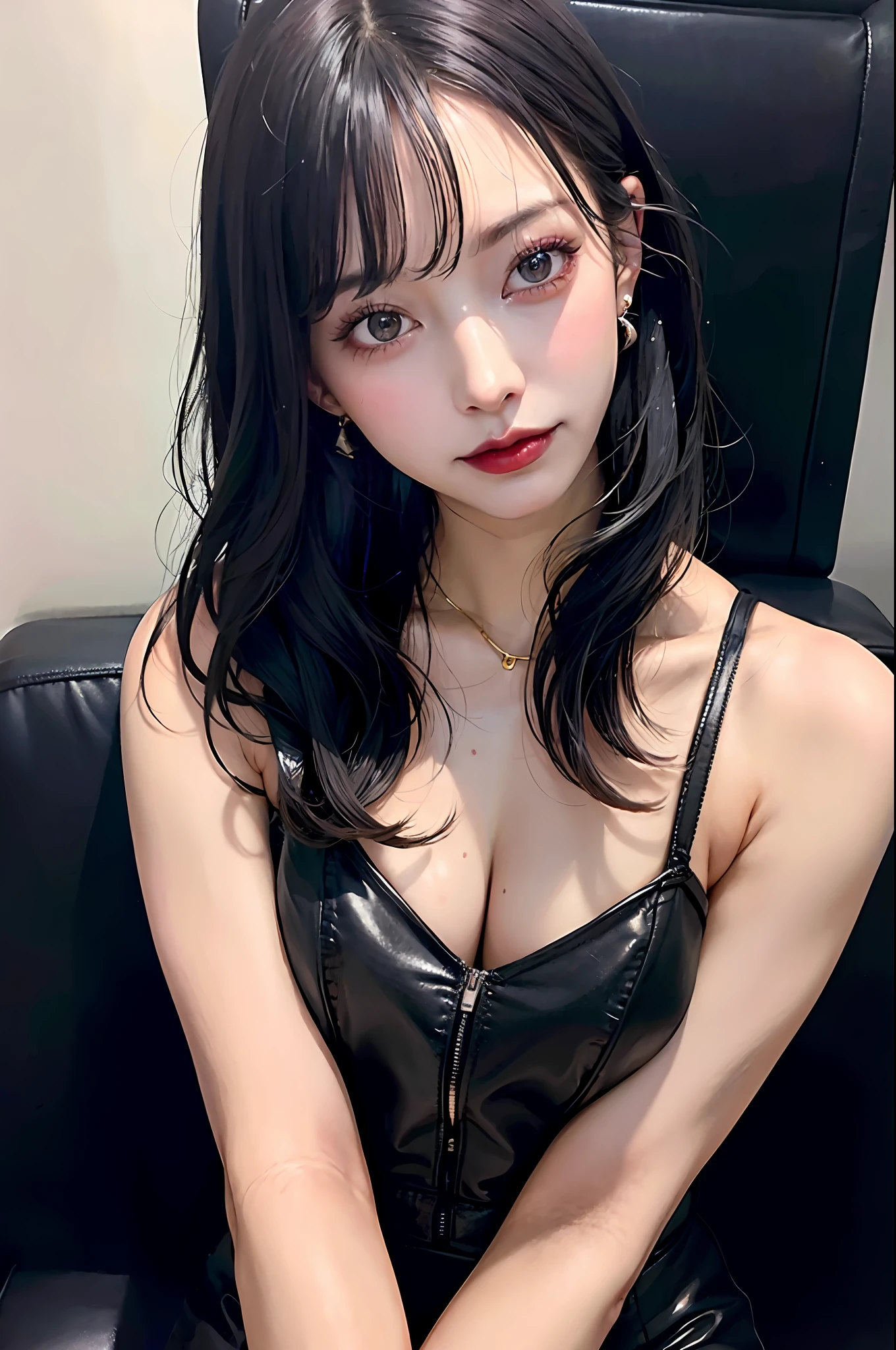 Black Hair Bob, (RAW Photography, Photorealism), (Very dark lip gloss, pitch black lipstick, so many eyelashes, pitch black eyeshadow, watery eyes, crying, angry, high quality, high resolution, depth of field, chromatic aberration, natural color, caustics, Japan person, woman, 30s), white bra, necklace, one woman, earrings, bracelet, Big that look soft, good style, slender figure, tips of are clearly visible, whole body, bare legs, body line is very sexy, crotch wide open, sticking out, skin is very exposed, tips of are clearly visible, areola is visible, pubic area is clearly visible, crotch wide open, minimum protrusion, genuine leather sofa