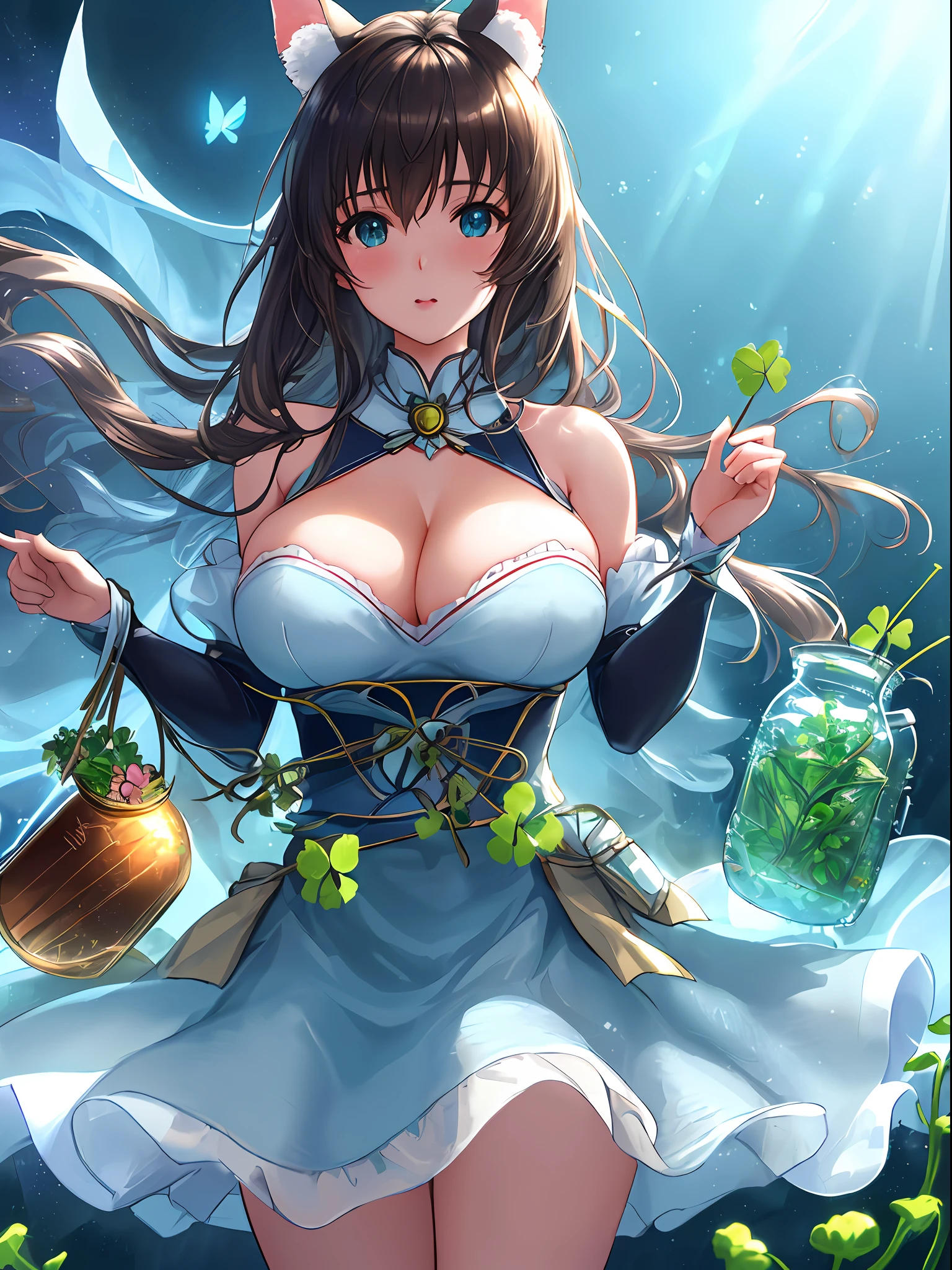 ((Beautiful)), (Best Quality, Super Detail), High Resolution Official Art, [(White Background: 1.45): :5], (Transparent Background: 1.3), Cinematic Lighting, (Girls), Animal Ears, (big breasts:1.3),Clover Plant, Snow and Ice Underwater, Butterfly, (Jar: 1.15), (Girl in the Jar: 1.4), Clear Face, Beautiful Scene, Shinkai Makoto Style, V-Ray, Ultra High Detail, Ultra High Quality, High Resolution Art Station Trend, 8K Close-up, Volume Light Effect.