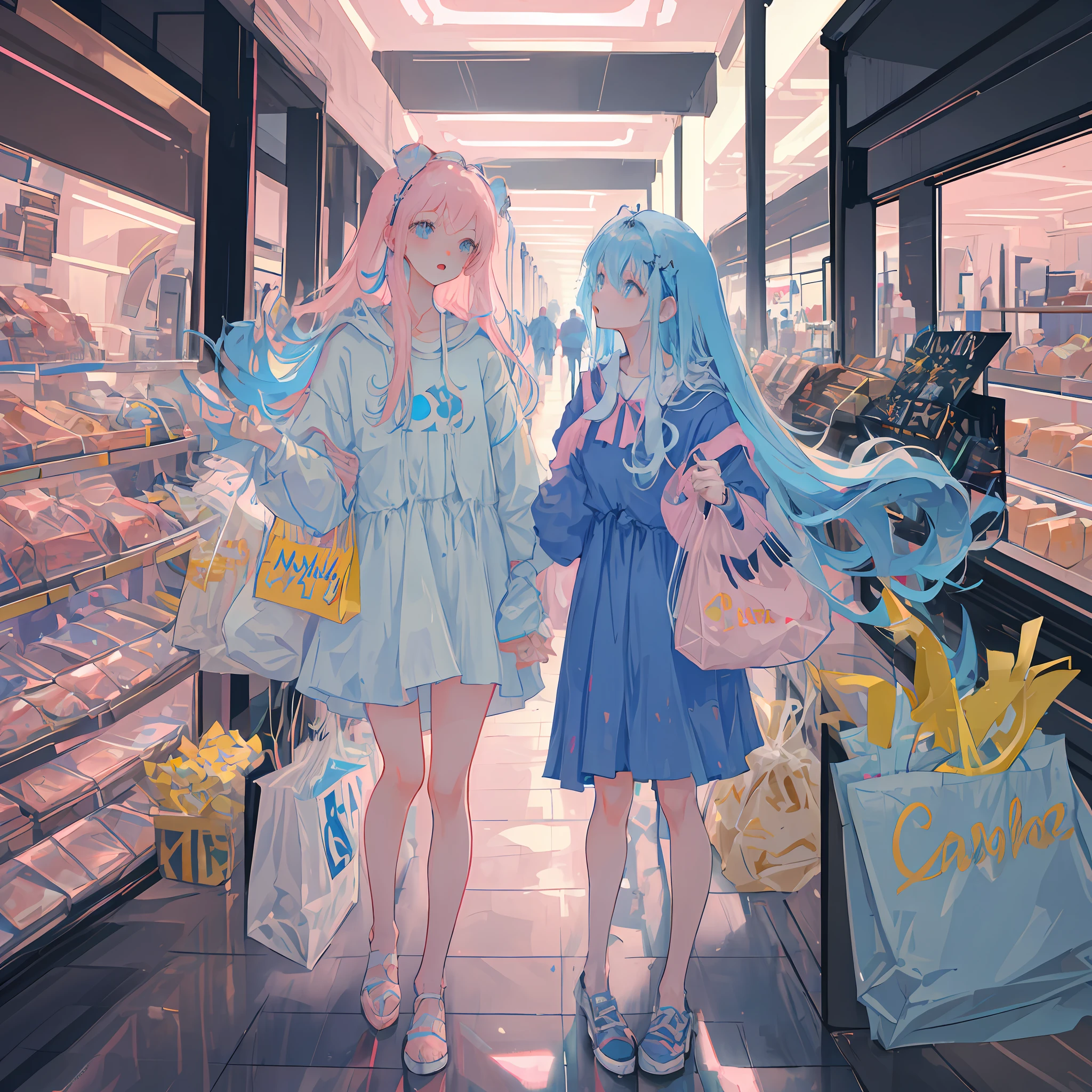 Masterpiece, best quality, a girl with long light blue hair, soft pink clothes, in a mall holding shopping bags