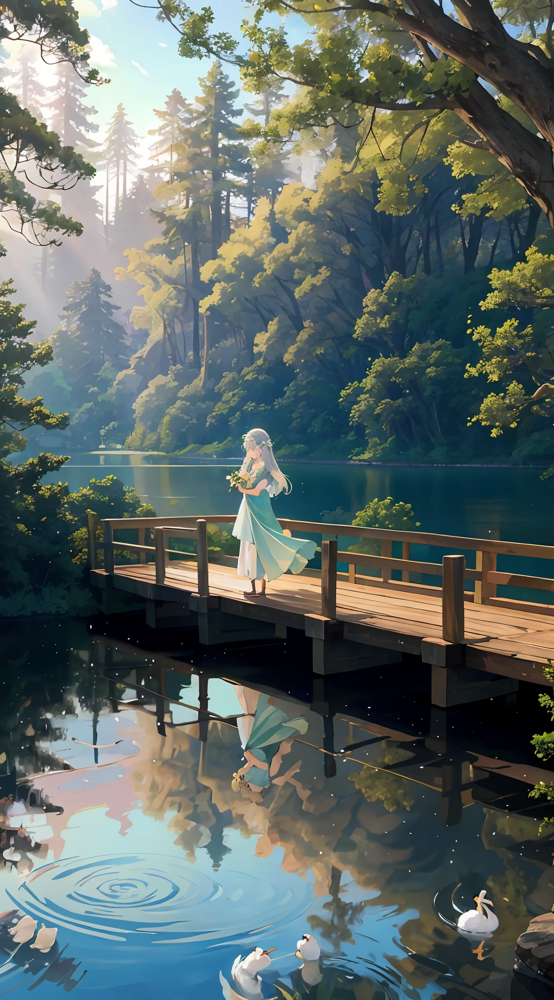 An enchanted forest, with green trees, a lake with crystal clear water passing in half, a wooden bridge crossing the lake, a girl looking at the side above the bridge, swans in the lake, sunlights crossing the forest, reflections of sun in the water, delicate iamgens, HD,