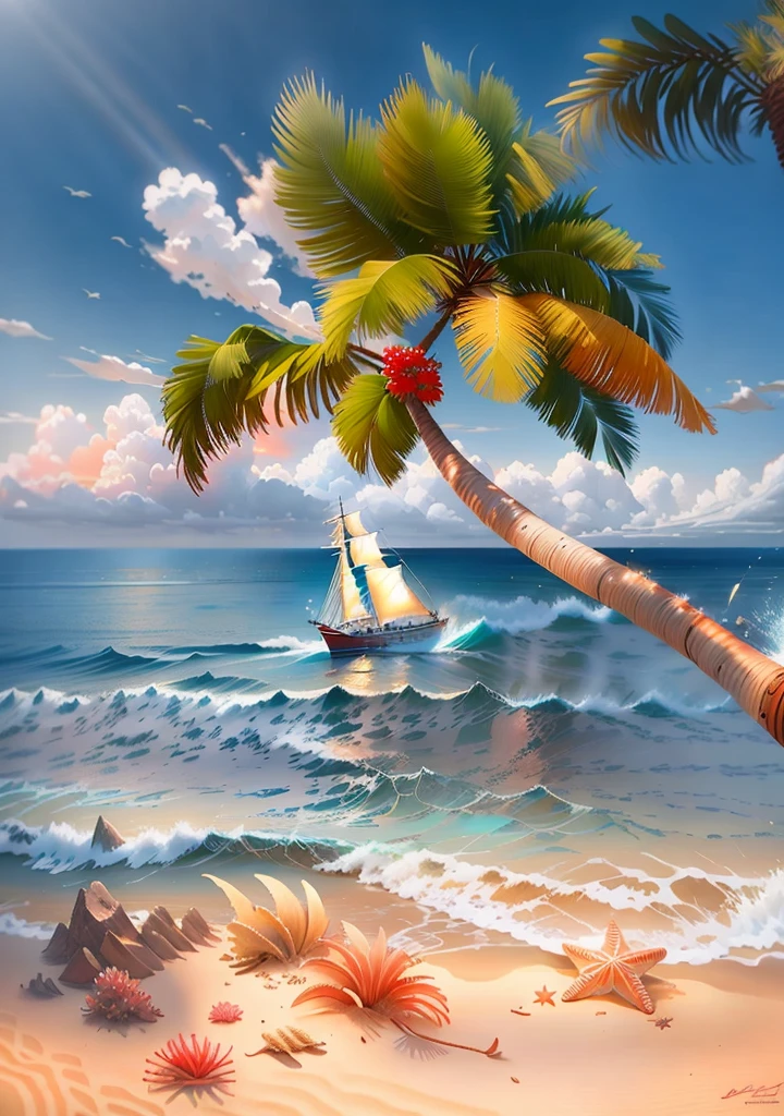 Drawing beach with blue sea and palm trees, big rattleshell on beach, shells, red starfish, sailing ship, highly detailed digital painting, gorgeous digital painting, beautiful digital painting, very detailed digital painting, stunning digital painting, digital painting very detailed, detailed digital painting, Ross Tran. Landscape background, drawn in anime painter studio, high detail digital painting, beautiful artwork illustration, high quality digital painting in stunning digital paint, alafid palm trees and sailboats on tropical beach, hawaii beach, tropical beach paradise, maui, paradise in background, vacation photos, on tropical beach, in seaside setting, tropical environment, palm trees on beach, tropical paradise, tropical location, tropical beach, breathtaking quality, beautiful view, hawai, paradise, Holiday season, travel