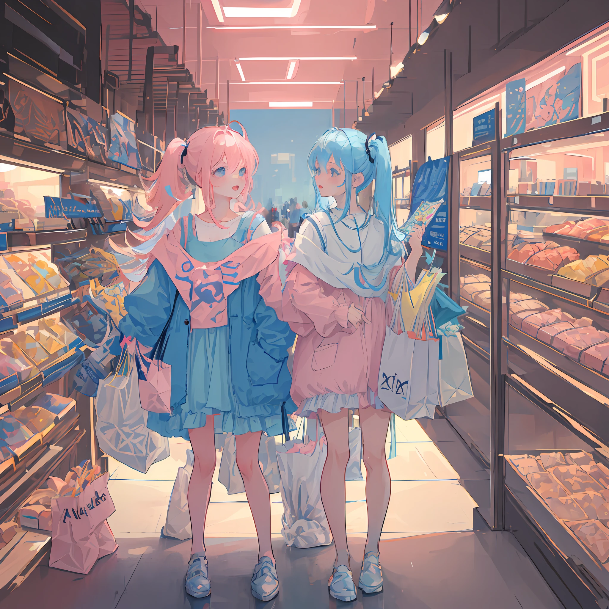 Masterpiece, best quality, a girl with long light blue hair, soft pink clothes, in a mall holding shopping bags