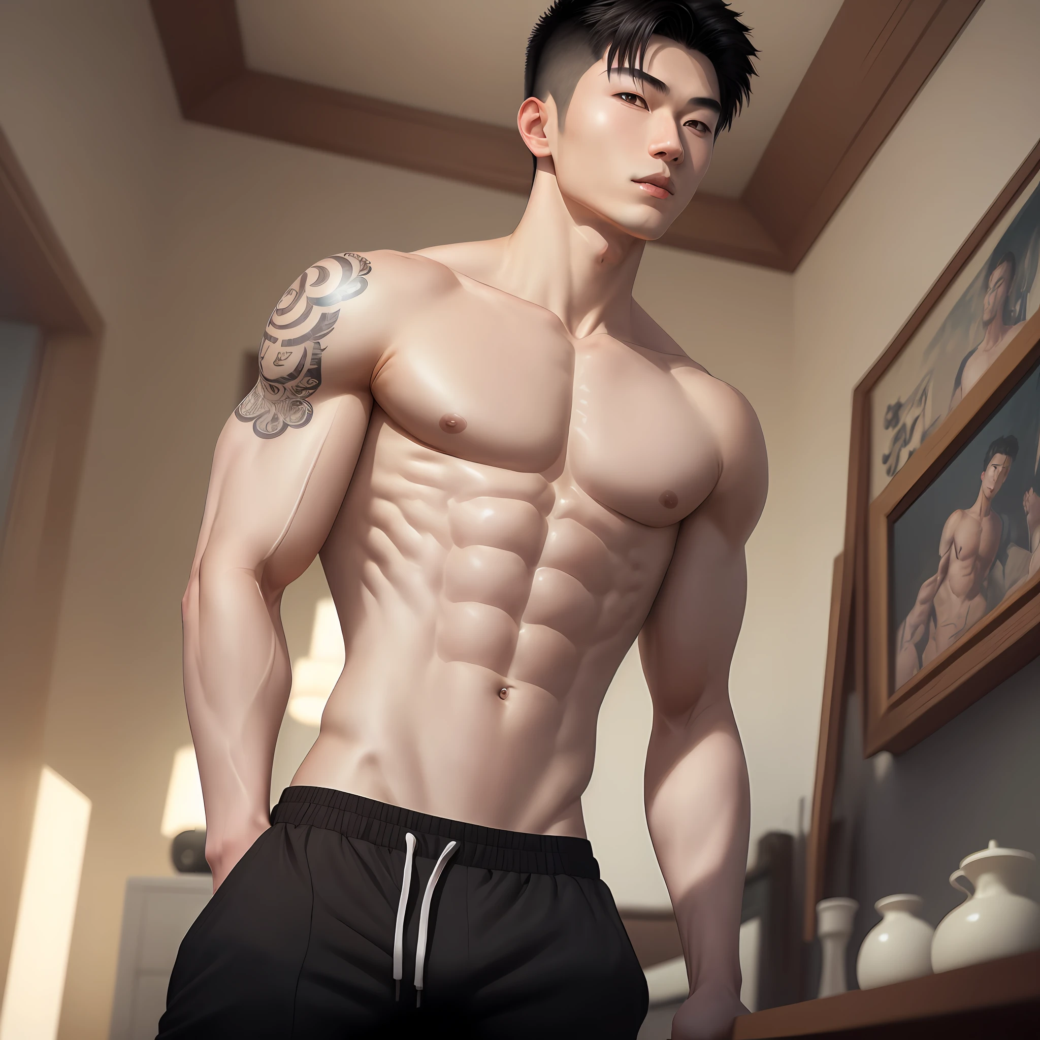 A Young Asian man , 1boy, white skin , detailed skin, 1boy, ((realistic)), abs, good lighting quality, muscle veins, tattoo on left arm ((pale skin)), footballer, (masterpiece, ultra quality, high resolution, 8k, intricate:1.2), (detailed face:1.2), handsome, wearing tight black jogging pants, bulge, 1boy,solo, looking at viewer, balance eyes, (((from below))), bedroom, (eye contact)