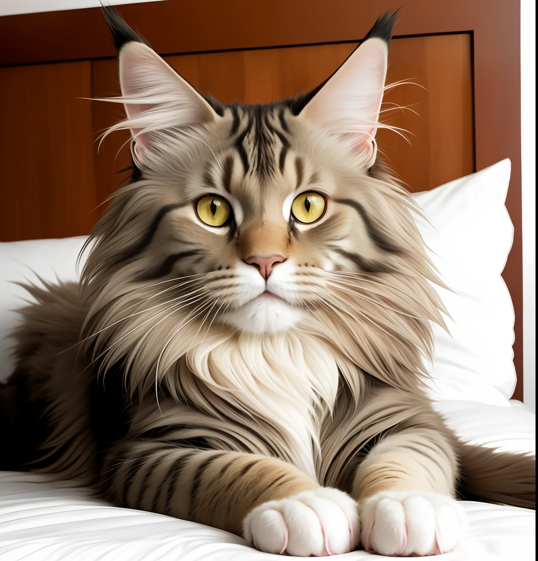 Maine Coon lying in bed, pink sheet, natural color, professional photo, hyper detailed, soft light,