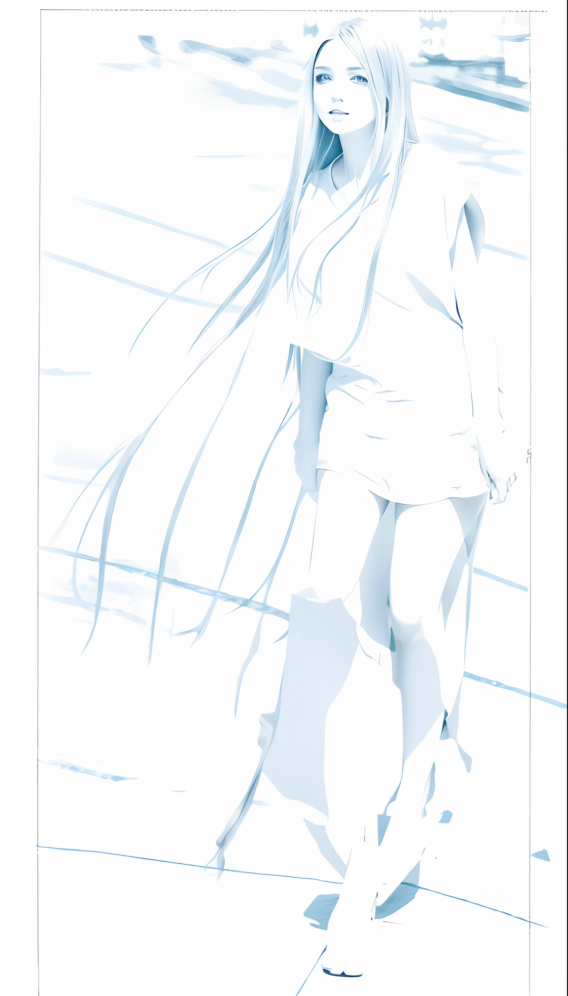 Realistic, high resolution, high texture, beautiful beauty, long flowing hair, big eyes, tunic shirt, full and high straight, sports skirt, walking on the street, long white legs, pale skin, smile, happy eyes