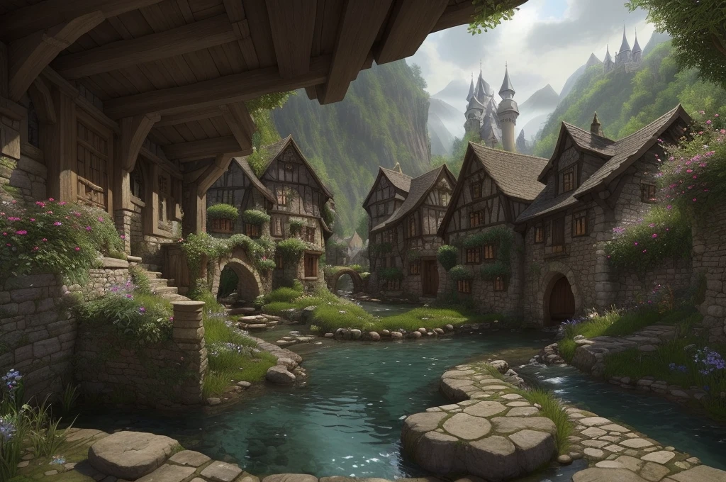 there is a small stream running through a village with a bridge, medeival fantasy town, beautiful render of a fairytale, epic rivendell fantasy, realistic fantasy render, medieval village, fantasy town setting, medieval fantasy landscape, rivendell, fantasy matte painting，cute, quaint village, village in the woods, fantasy scenic, medieval town, unreal engine fantasy art