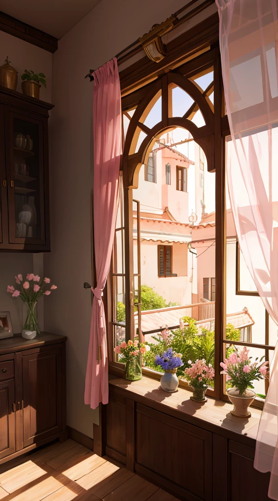 A wooden window decorated with jars of pink flowers, a beautiful balcony with flowers, rays of sun crossing the window, bright and delicate flowers, simple house, HD