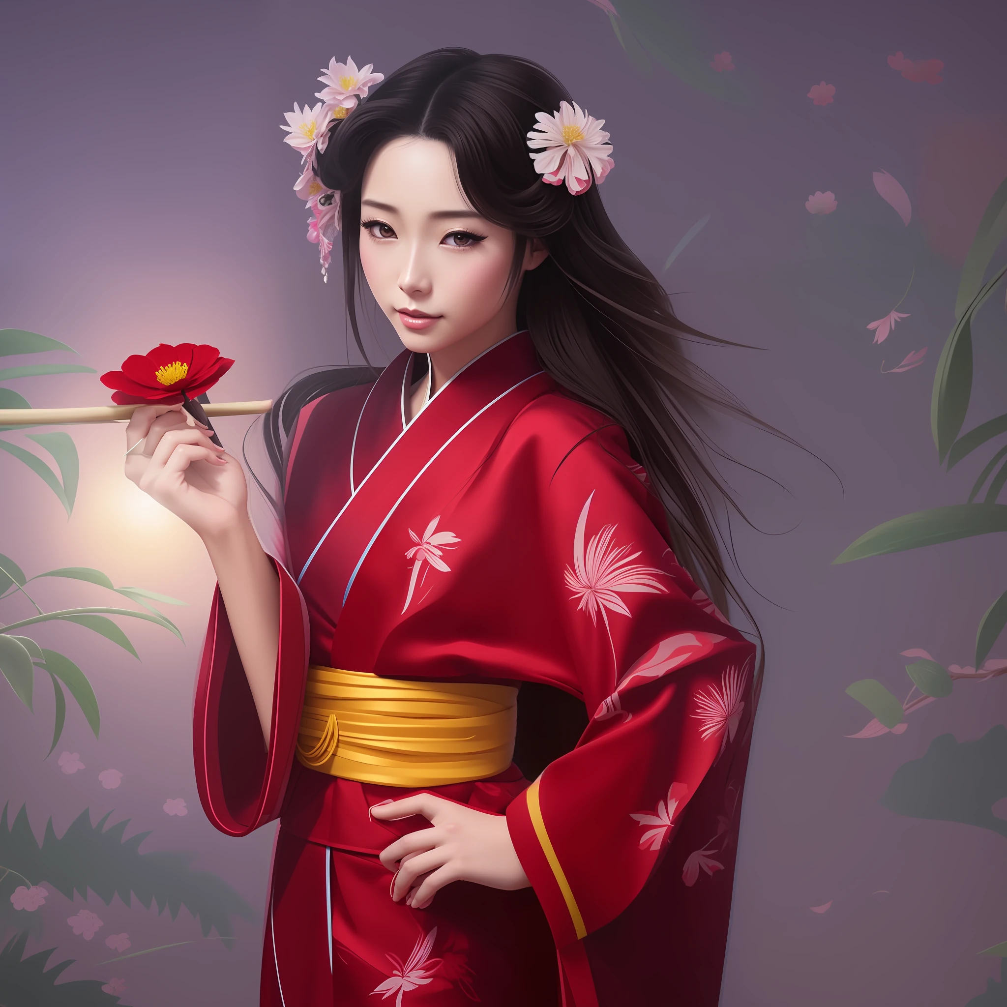 painting of a woman, hot, in a kimono outfit (hyperrealistic) holding a flower, beautiful digital art (photorealistic, 16k), a beautiful art illustration, (masterpiece) beautiful character painting, beautiful digital illustration, beautiful digital painting, beautiful digital art, exquisite digital illustration, beautiful digital art, very beautiful digital art, beautiful digital painting, japanese art style, stunning digital illustration, anime-style digital art, digital digital illustration