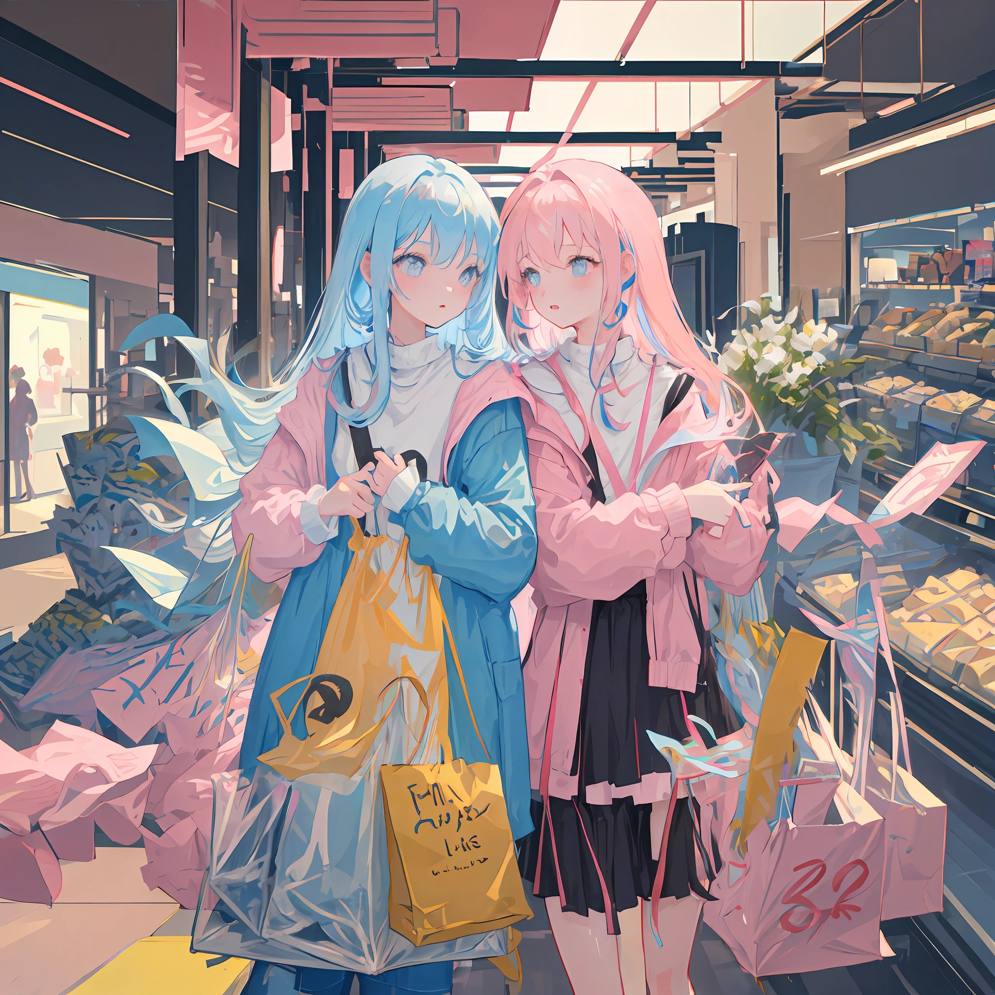 Masterpiece, best quality, a girl with long light blue hair, soft pink clothes, in a mall holding shopping bags
