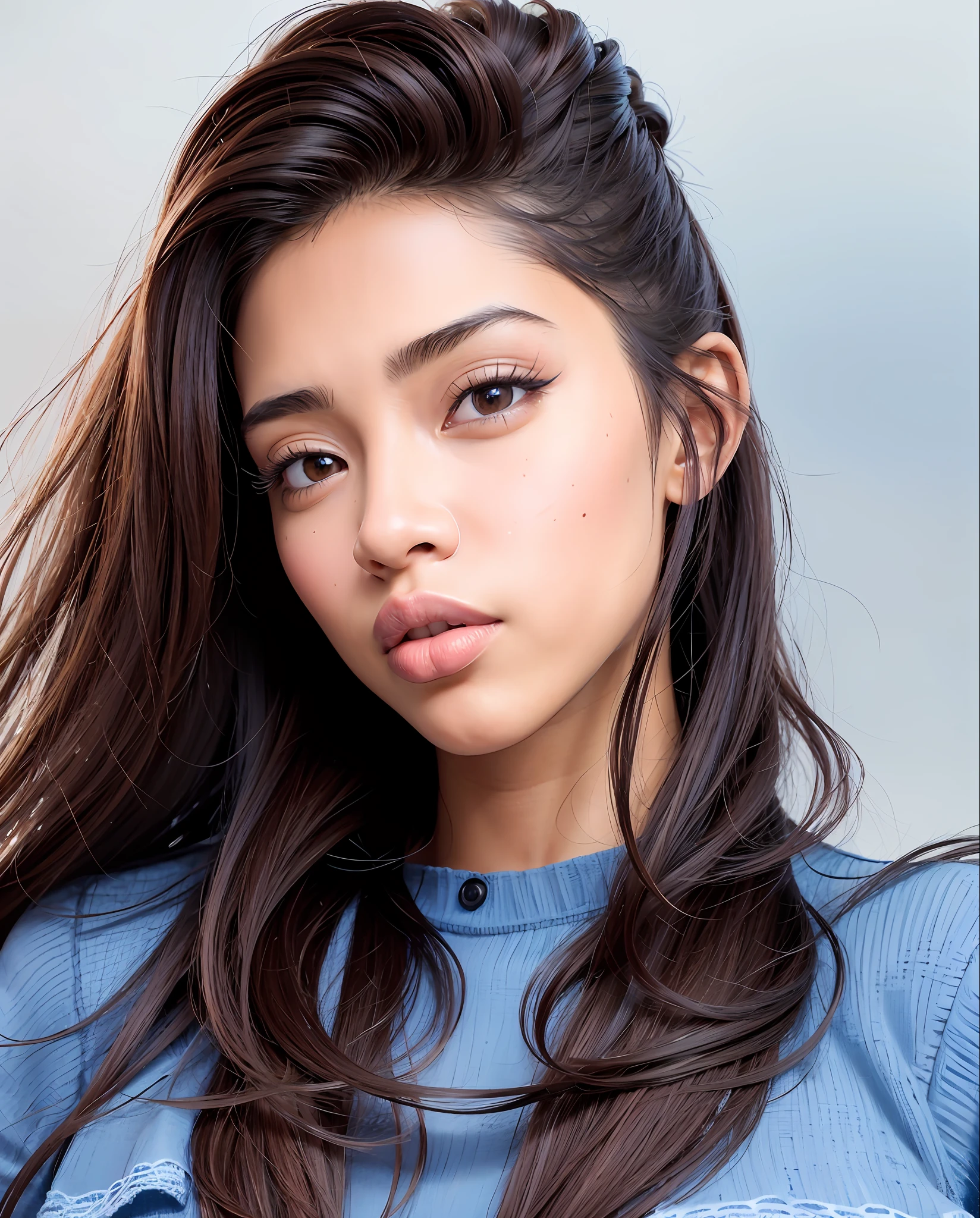 "Masterpiece, high quality, detailed, high resolution, 4k, 8k, realistic skin texture, amazing shadows, perfect lighting, hyper-realistic." A woman (brown skin, cute eyes, eyeleashes, full lips, square face) in cute poses