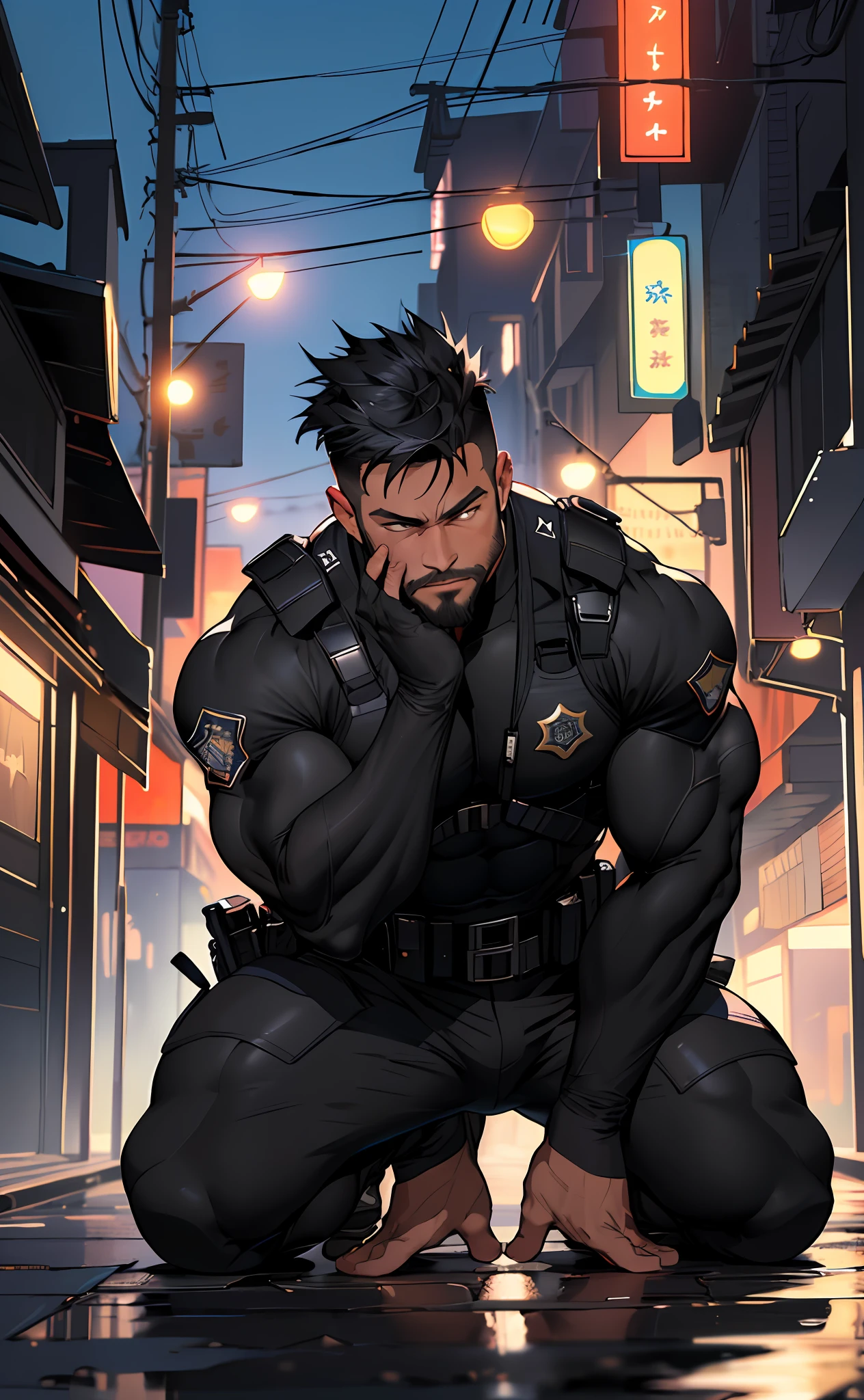 best quality, masterpiece, super high resolution, detailed background, realism, illustration, single, 1 boy, muscle man, street, muscle, facial hair, volumetric lighting, depth of field, black clothes, (black police uniform), kneeling, ((hands on the ground))