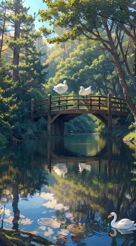 An enchanted forest, with green trees, a lake with crystal clear water passing in the middle, a wooden bridge crossing the lake, swans in the lake, sunlights crossing the forest, reflections of sun in the water, delicate iamgens, HD,