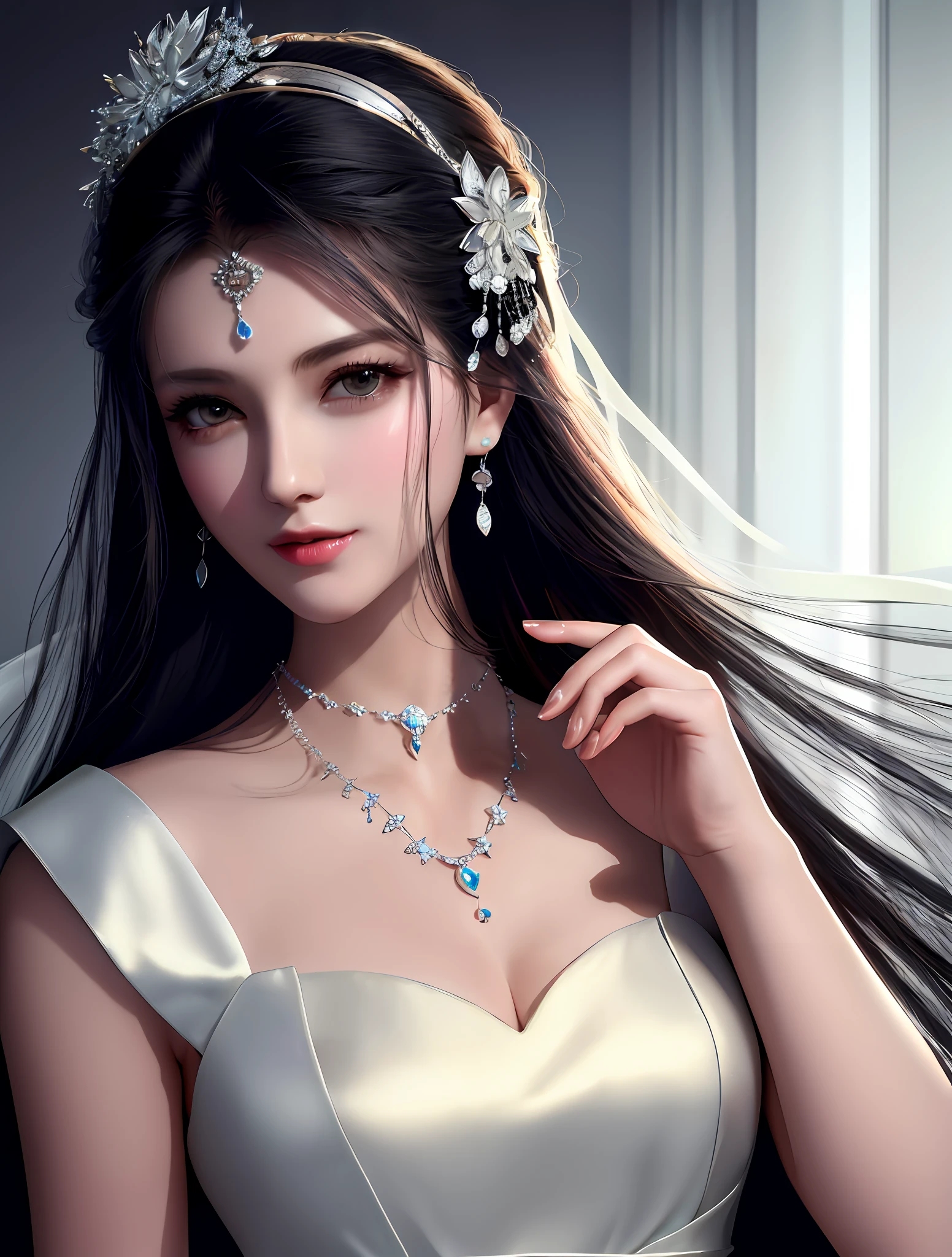 Best quality, masterpiece, high resolution, 1girl, clear silk porcelain dress, beautiful face, hair accessories, looking at the audience, smiling, close your mouth, lips, dress, hair accessories, necklaces, jewelry, long hair, earrings, beautiful face, on the body, Tindal effect, realism, dark studio, edge lighting, two-tone lighting, (high detail skin: 1.2), 8k UHD, DSLR, soft light, high quality, volumetric lighting, photo, high resolution 4K, 8k, blurred background
