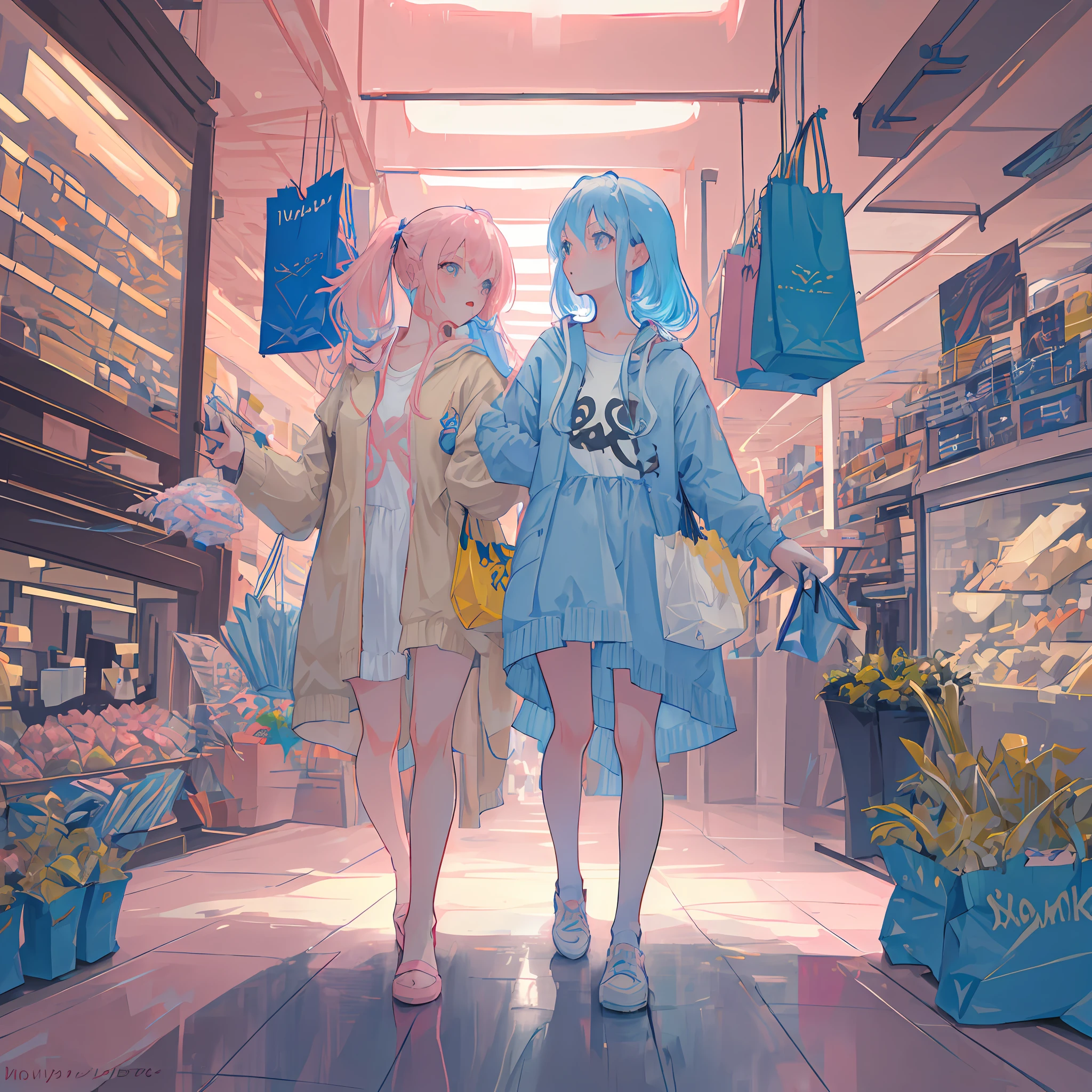 Masterpiece, best quality, a girl with long light blue hair, soft pink clothes, in a mall holding shopping bags