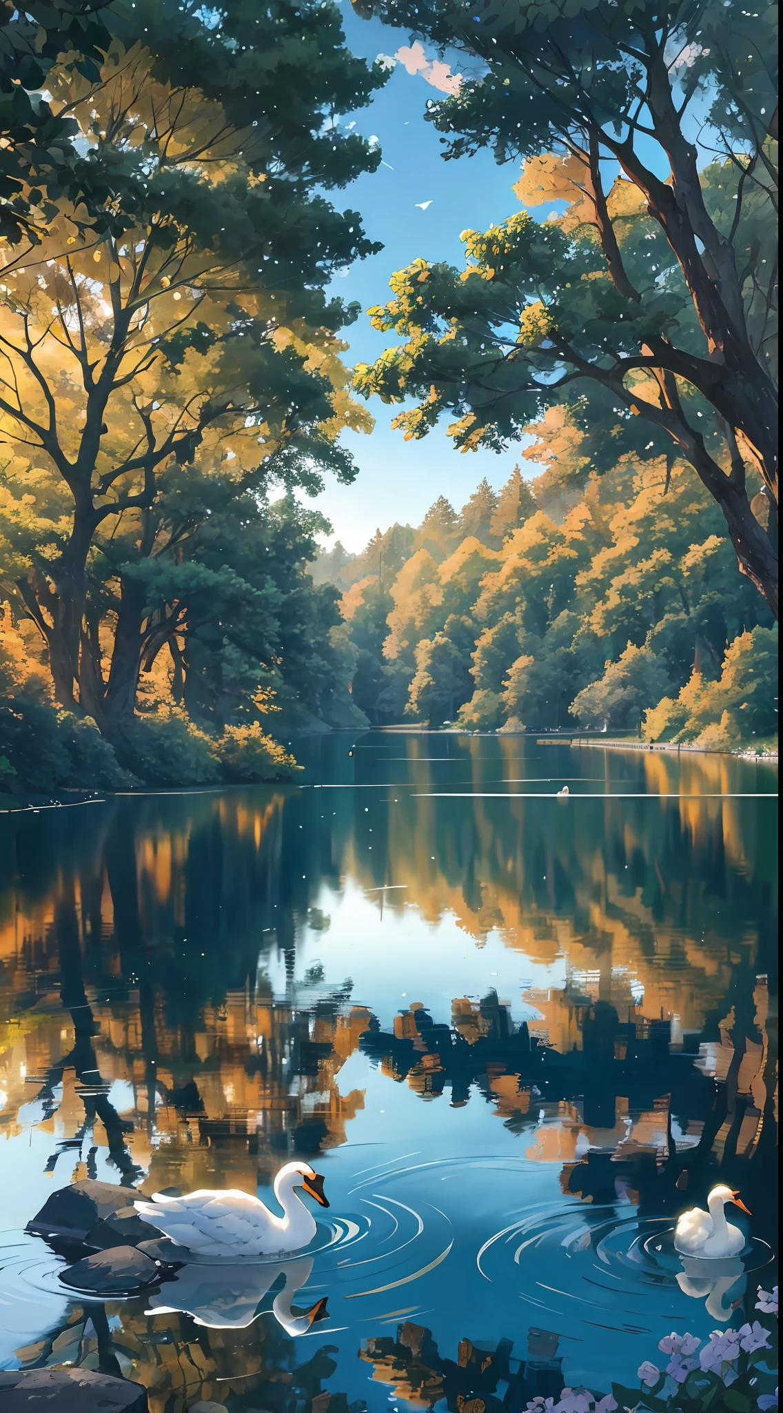 An enchanted forest, with green trees, a lake with crystal clear water passing in the middle, a wooden bridge crossing the lake, swans in the lake, sunlights crossing the forest, reflections of sun in the water, delicate iamgens, HD,