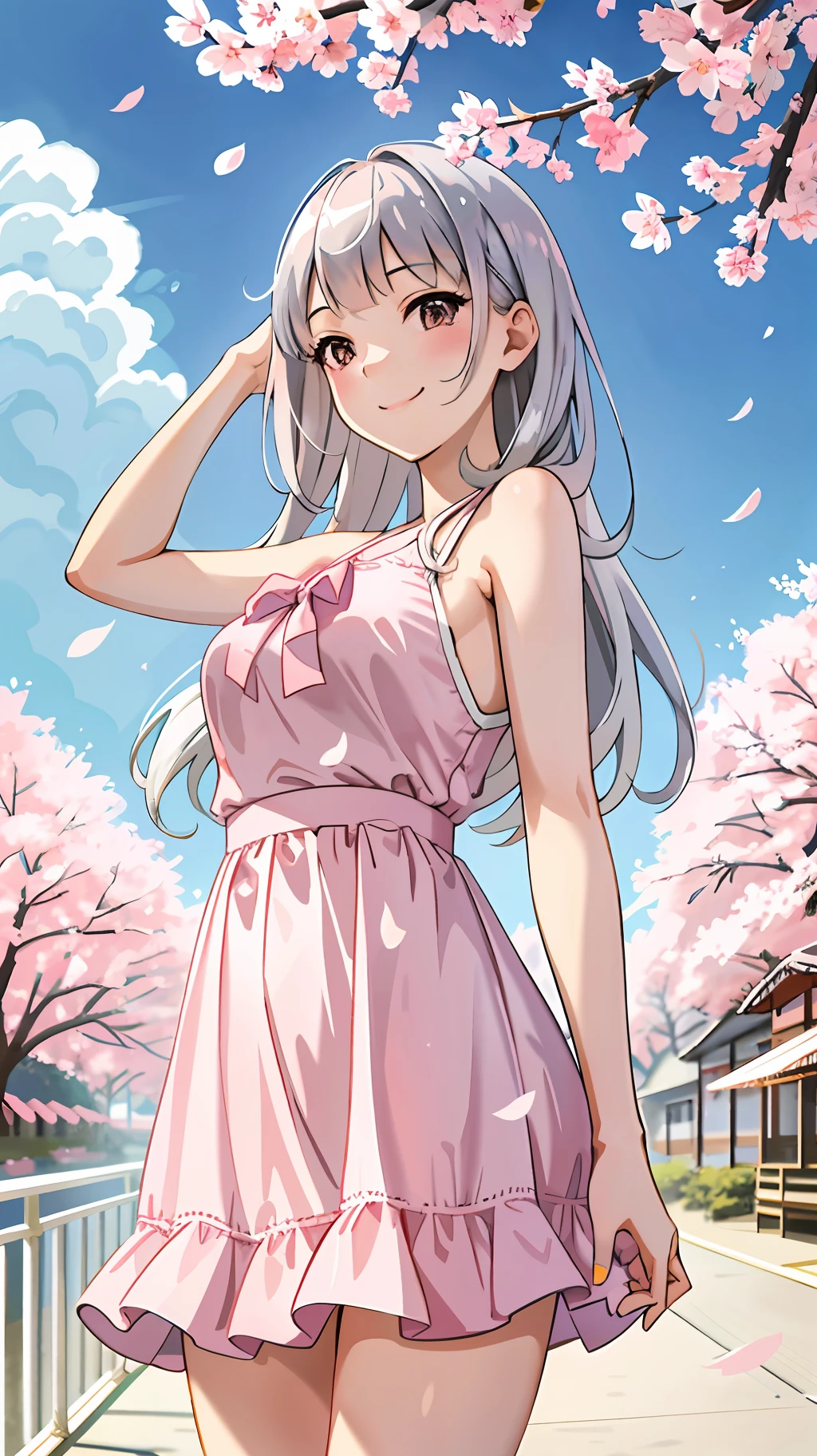 Unreal,

1 girl, silver bangs, pink and white dress sweat, smile, outdoors, cherry blossoms, blue sky and white clouds, sun, wooden guardrail, detailed background