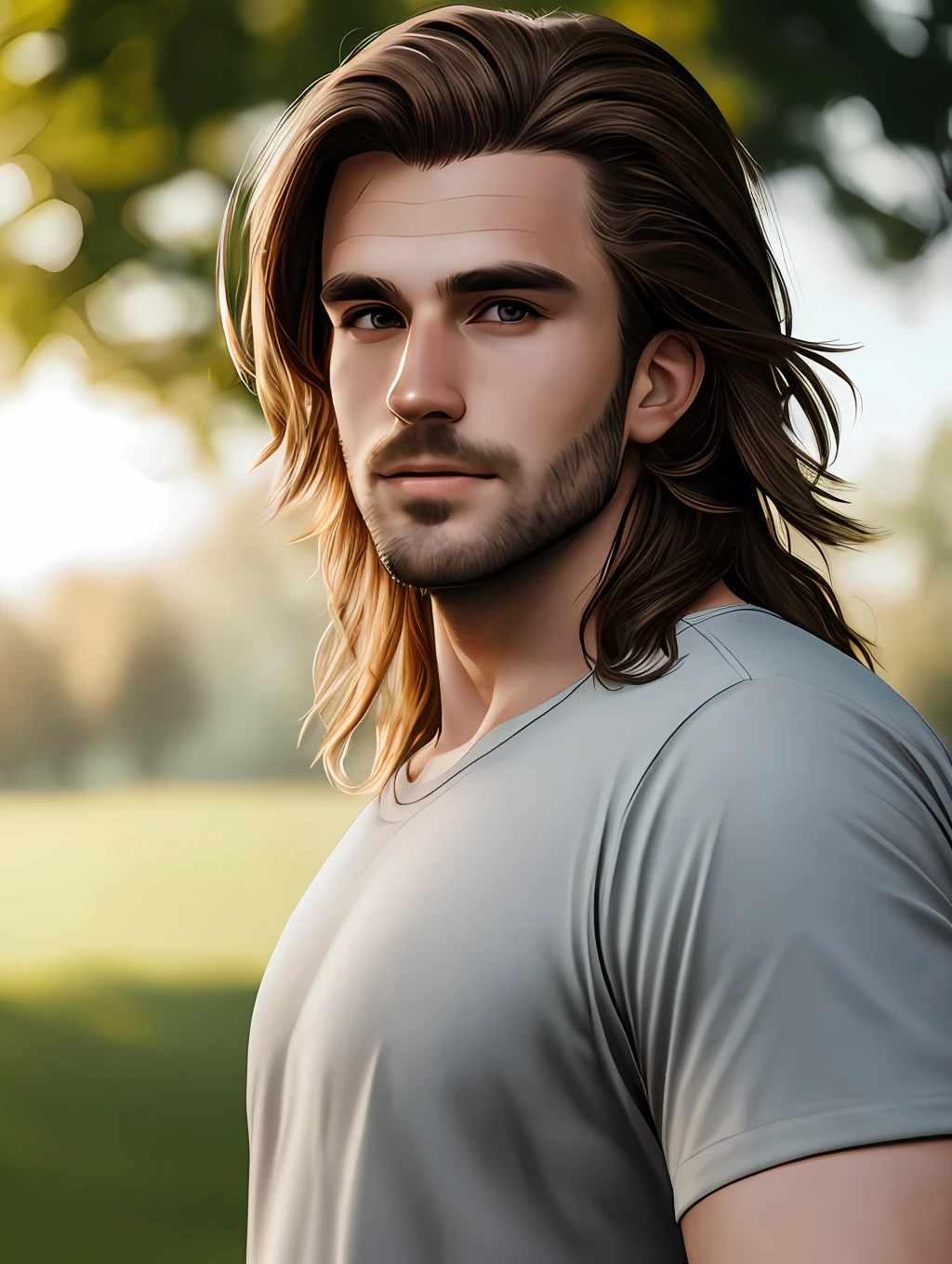 Handsome man 25-35 years old, in the park, mullet, brown hair, close up, satellite image, backlighting, UHD, high quality, best quality, highres, 8k, 16k
