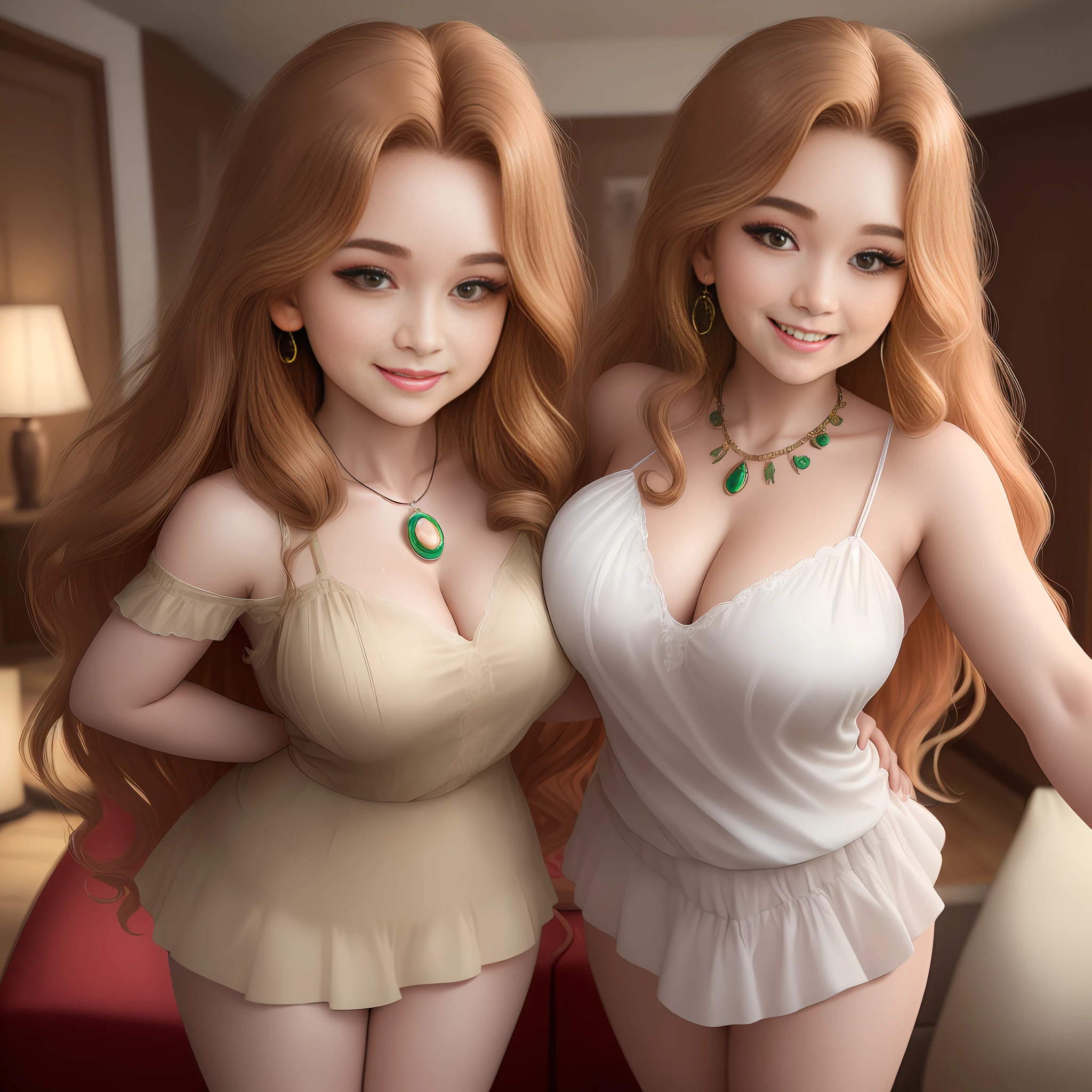 (only 1girl, no more than 1girl), no more than 1 body, no more than 1head, no more than 1face, 2legs, 2arms, no more than 2hands, never overlap parts of the body, hands under the chest, Best ratio between upper arm and forearm, Best ratio between body and legs 1 photo, mature woman, 26 years old, short skirt, sexy pose, Partial exposure, 8K, RAW photos, top quality, high quality, extreme detail photos, extreme detail eyes, detail nose, extreme detail face, extreme detail hair, extreme detail body, (photo shoot lighting: 1.3), perfect anatomy, fluffy eyes, big eyes, good-looking eyes. Brown eyes, gorgeous hair, caramel-colored hair, wavy hair, detailed eyebrows, smiling face, very deep wrinkles at the corners of the mouth, neat teeth, left cheek, (normal breasts: 1.2), natural makeup, scarlet lips, detailed jewelry necklace, detailed earrings, rain, wet, green mini skirt, white blouse, woman standing alone in living room, no overlap legs,