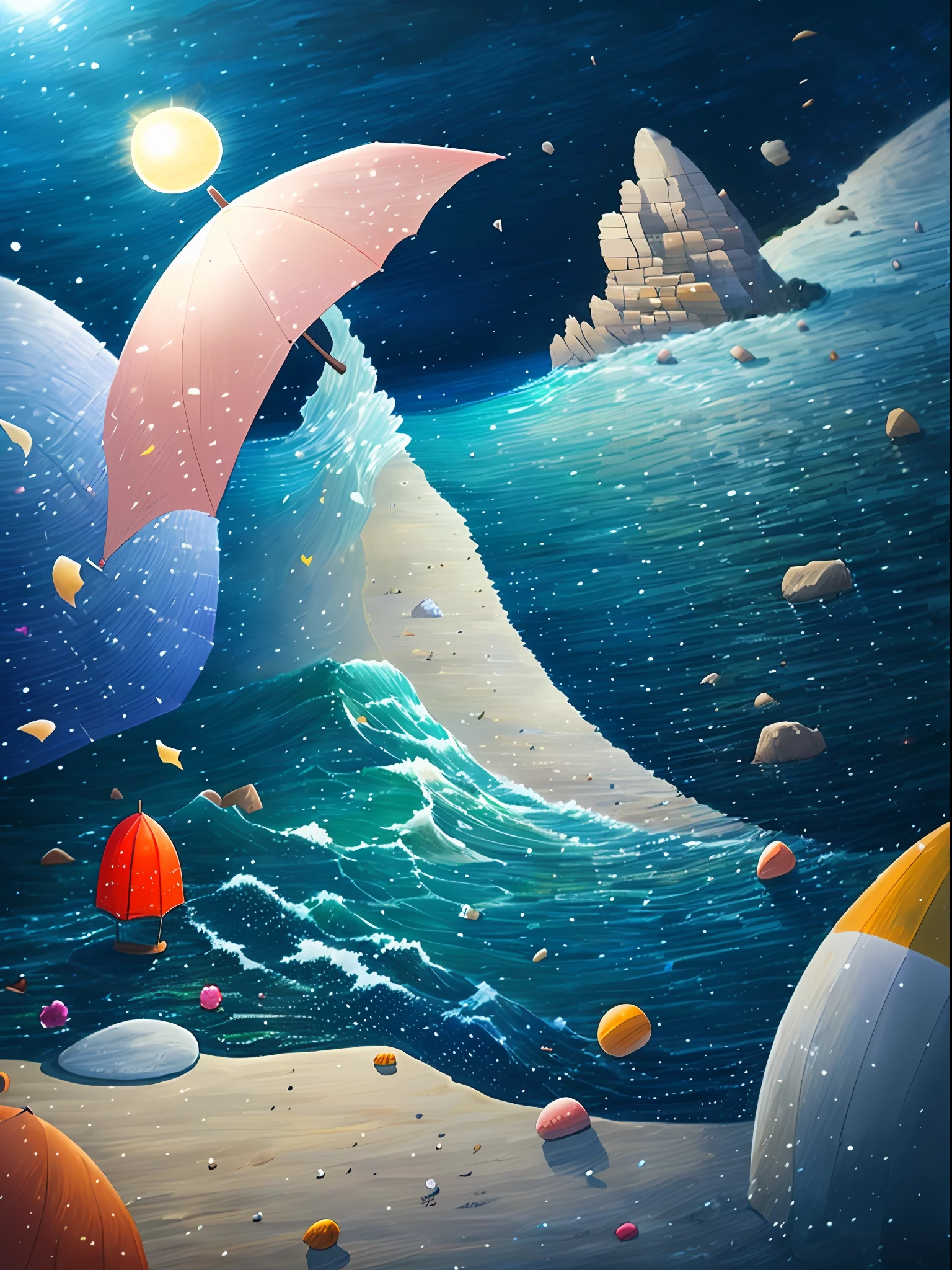 Waves, sun sand, pebbles, beach umbrellas