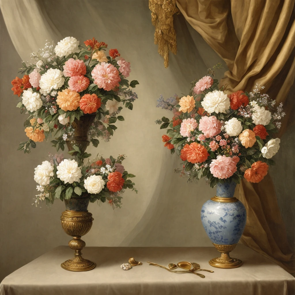 flowers in vase surrounded by richly pleated fabric drapery, baroque