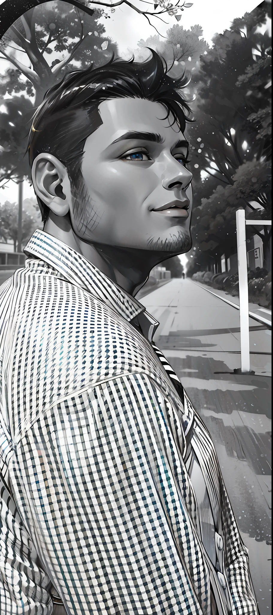(masterpiece),(best quality:1.0), (ultra highres:1.0), detailed illustration, 8k, anime, 1boy, anime boy, smiling, wearing a shirt, detailed face, perfect face, anime eyes, detailed eyes, dark brown eyes, detailed hair, highlights in hair, highly detailed, anime style, vibrant, colored