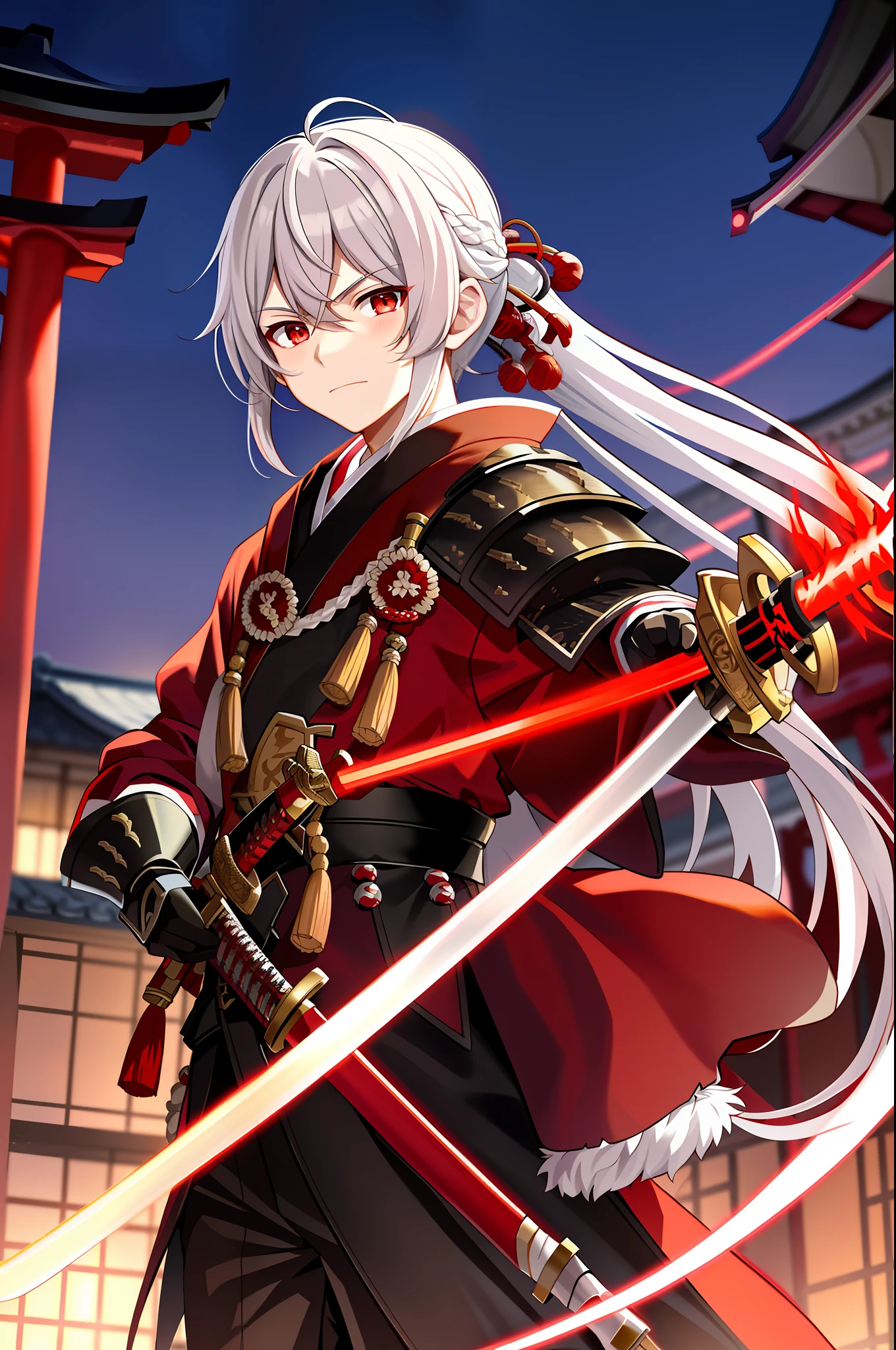 masterpiece, best quality, kaedehara kazuha, male focus, 1boy, solo, red eyes, bangs, japanese clothes, streaked hair, white hair and red wick, hair between eyes, weapon, sword, armor, japanese armor, closed mouth, japanese sword, ponytail, outdoors, tassel