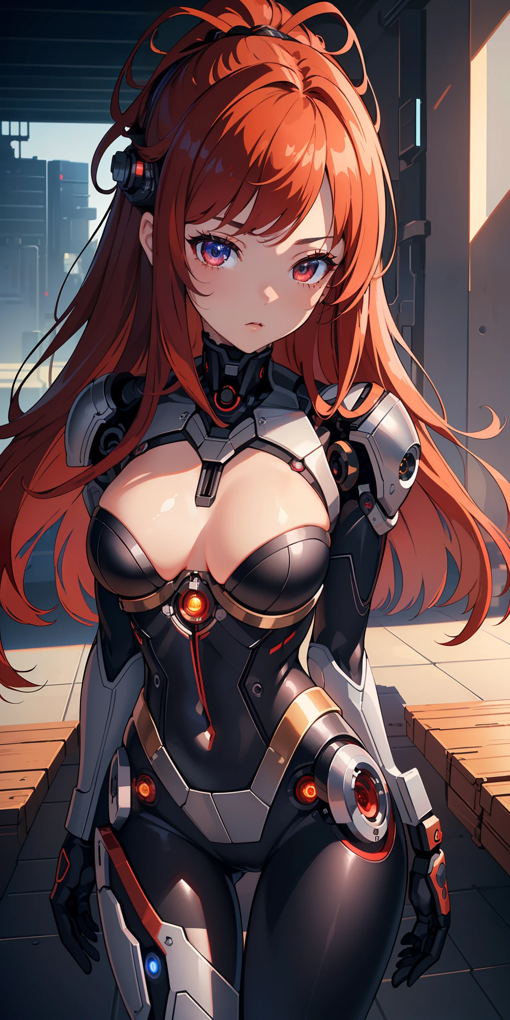 (masterpiece:1.2, best quality), (extremely detailed CG unity 8k wallpaper, masterpiece, best quality, ultra-detailed, best shadow), (finely detailed beautiful eyes: 1.2), (1 girl), ((cyborg, high-tech)), (long crimson hair:1.2)