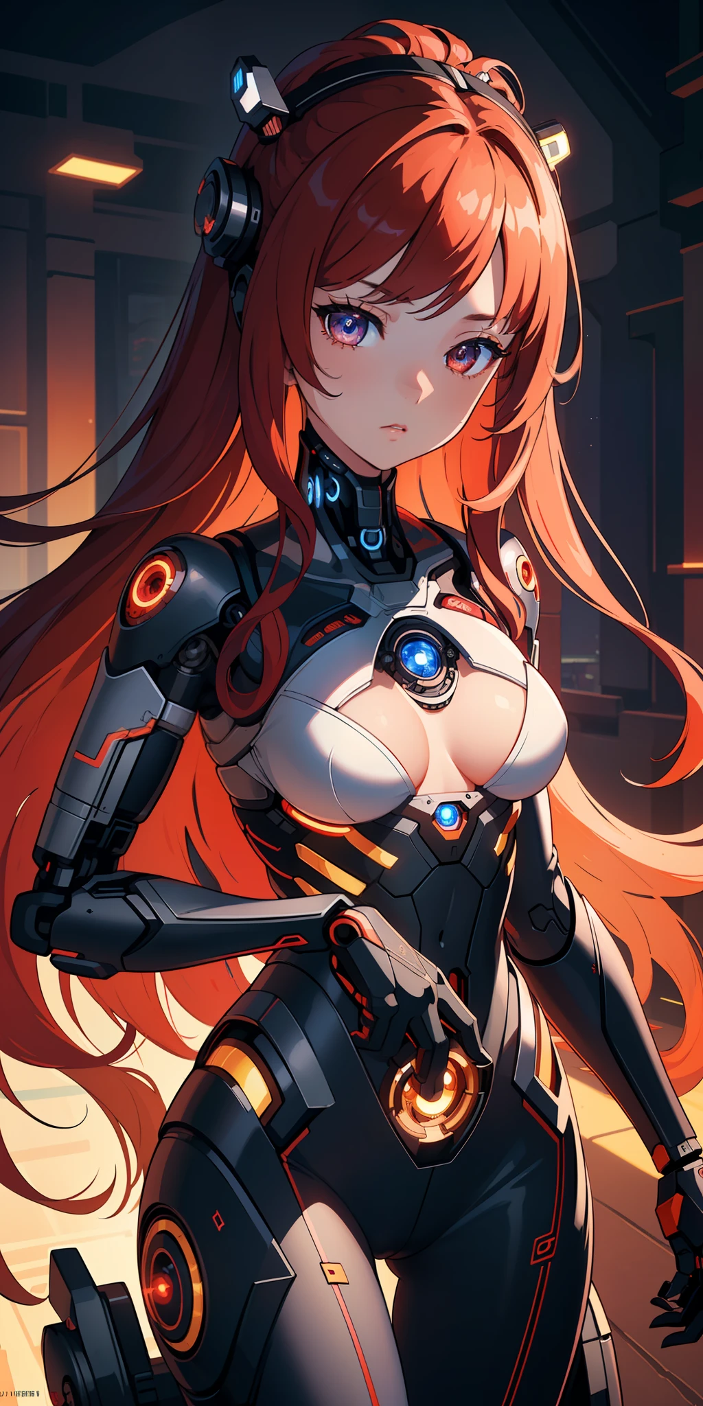 (masterpiece:1.2, best quality), (extremely detailed CG unity 8k wallpaper, masterpiece, best quality, ultra-detailed, best shadow), (finely detailed beautiful eyes: 1.2), (1 girl), ((cyborg, high-tech)), (long crimson hair:1.2)