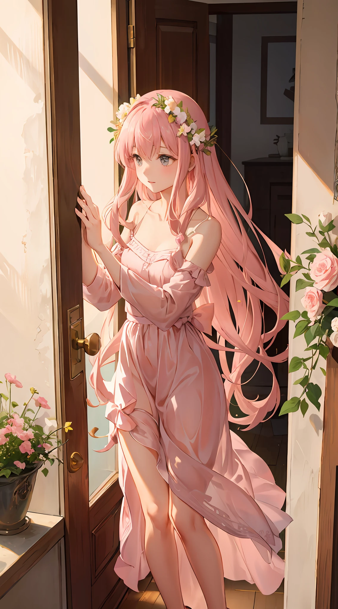 A delicate girl in a pink dress and long, shy hair, opening the door of a house, jars of flowers on the walls, house decorated with plants, rays of sun shining on the flowers