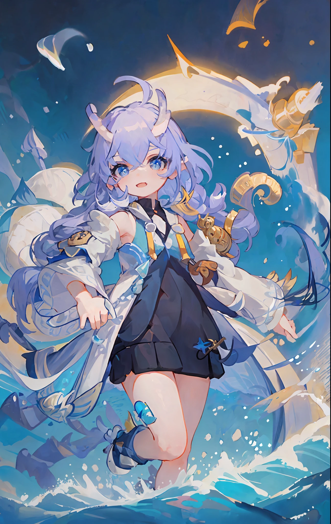 (Best Quality: 1.3), (Masterpiece: 1.3), (Illustration: 1.3), (Ultra Detail: 1.3), (Imid Shot: 0.9), 1girl, solo, very young, upper body, short neck, small breast, child (dragon tail, girl, ahoge, blue eyes, jewel eyes, very fine eyes, very fine face, shut up, light smile, water, fish, sea, horn, kafu, donglong, cute