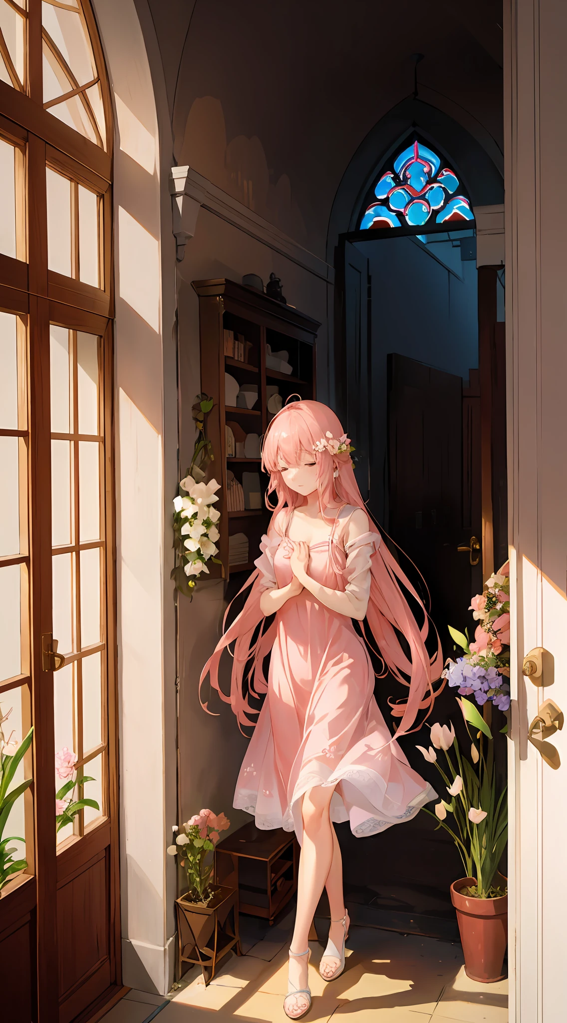 A delicate girl in a pink dress and long, shy hair, opening the door of a house, jars of flowers on the walls, house decorated with plants, rays of sun shining on the flowers