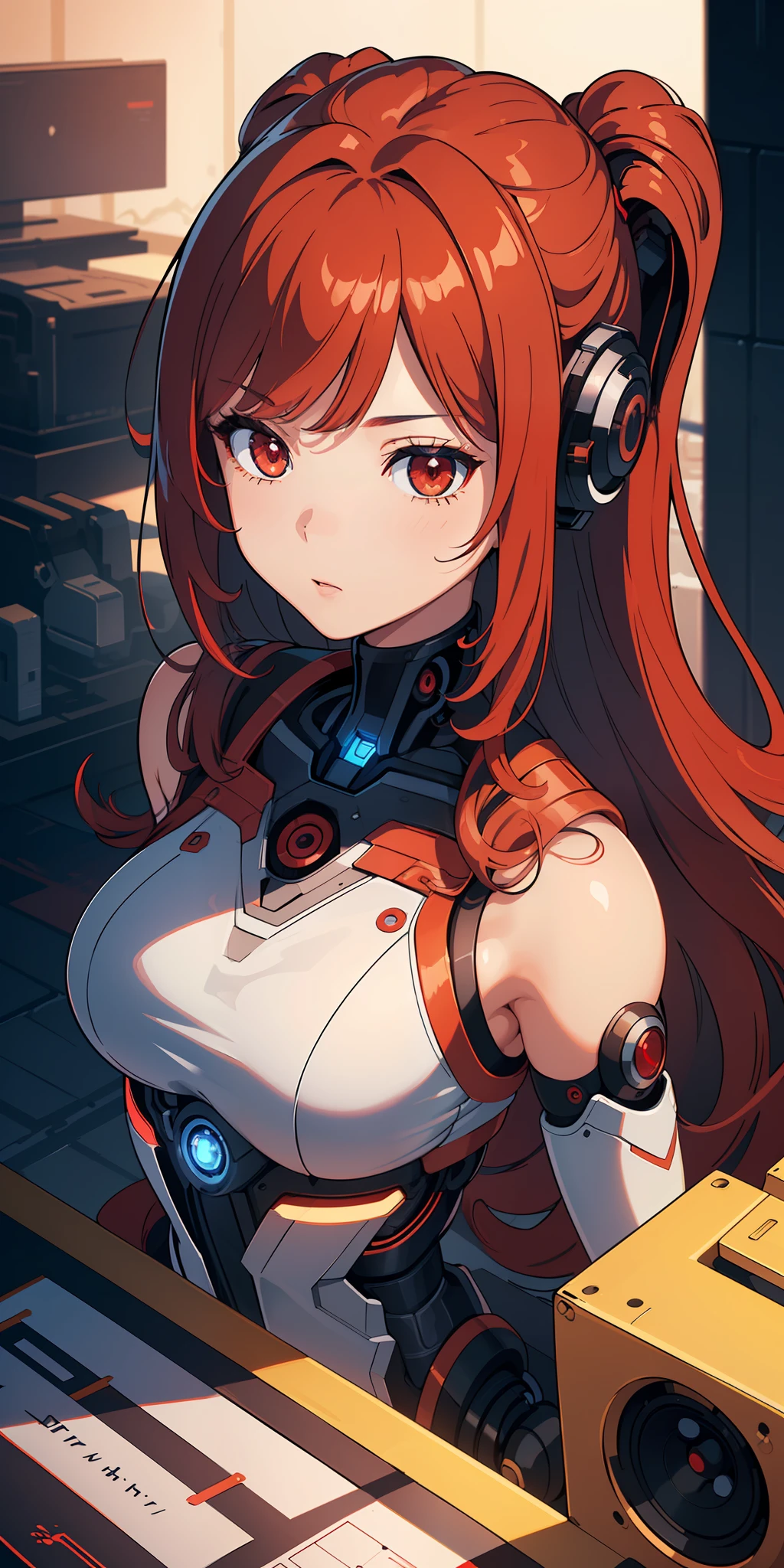 (masterpiece:1.2, best quality), (extremely detailed CG unity 8k wallpaper, masterpiece, best quality, ultra-detailed, best shadow), (finely detailed beautiful eyes: 1.2), (1 girl), ((cyborg, high-tech)), (long crimson hair:1.2)