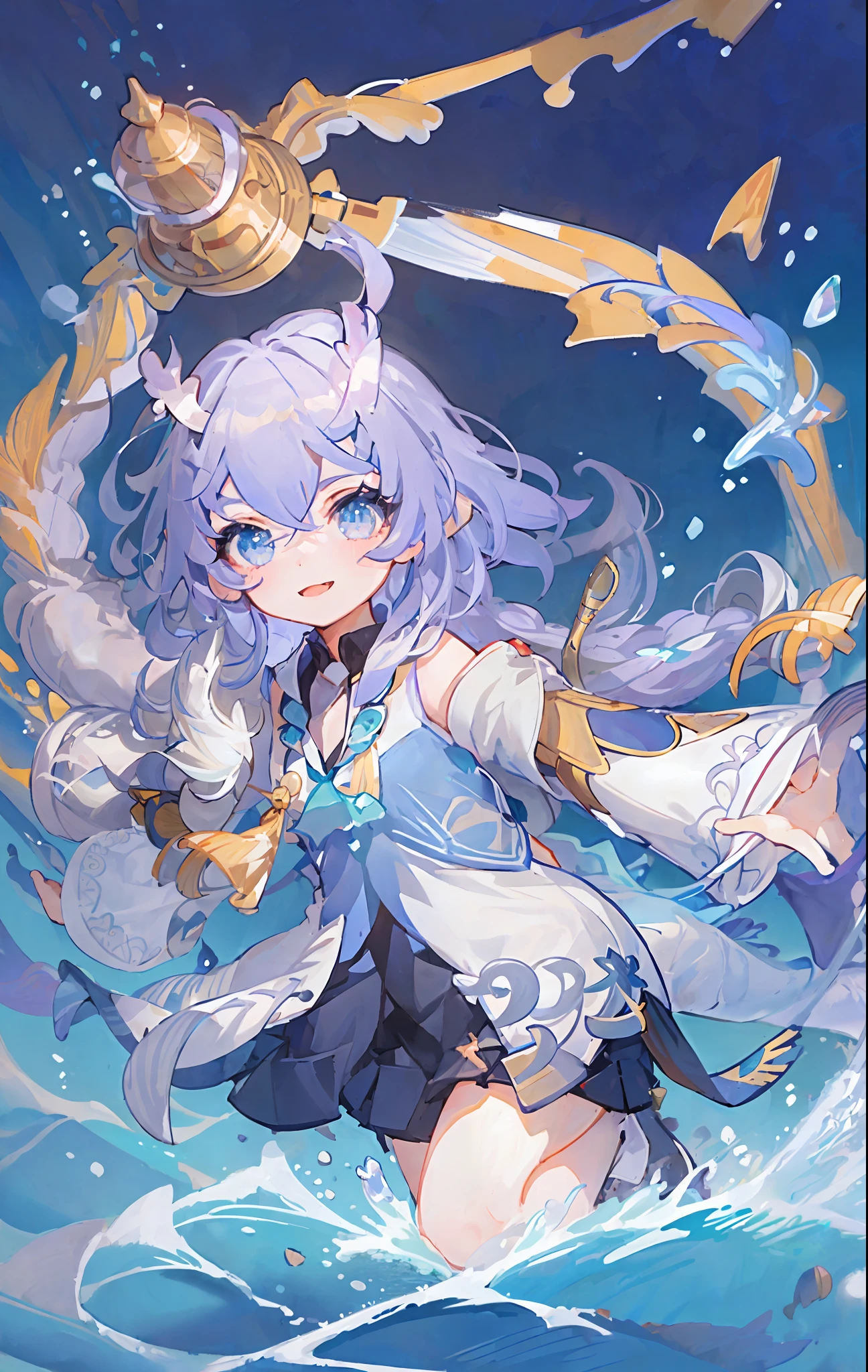 (Best Quality: 1.3), (Masterpiece: 1.3), (Illustration: 1.3), (Ultra Detail: 1.3), (Imid Shot: 0.9), 1girl, solo, very young, upper body, short neck, small breast, child (dragon tail, girl, ahoge, blue eyes, jewel eyes, very fine eyes, very fine face, shut up, light smile, water, fish, sea, horn, kafu, donglong, cute
