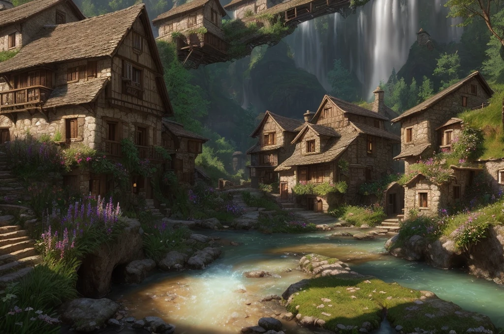 there is a small stream running through a small village, realistic fantasy render, villages , unreal engine, unreal engine render concept art, matte painting unreal engine, unreal engine fantasy art, artstation unreal, inspired by senior environment artist, 3d rendered matte painting, unreal engine art, highly realistic concept art, unreal enginedigital painting, detailed 4k concept art, beautiful mattepainting