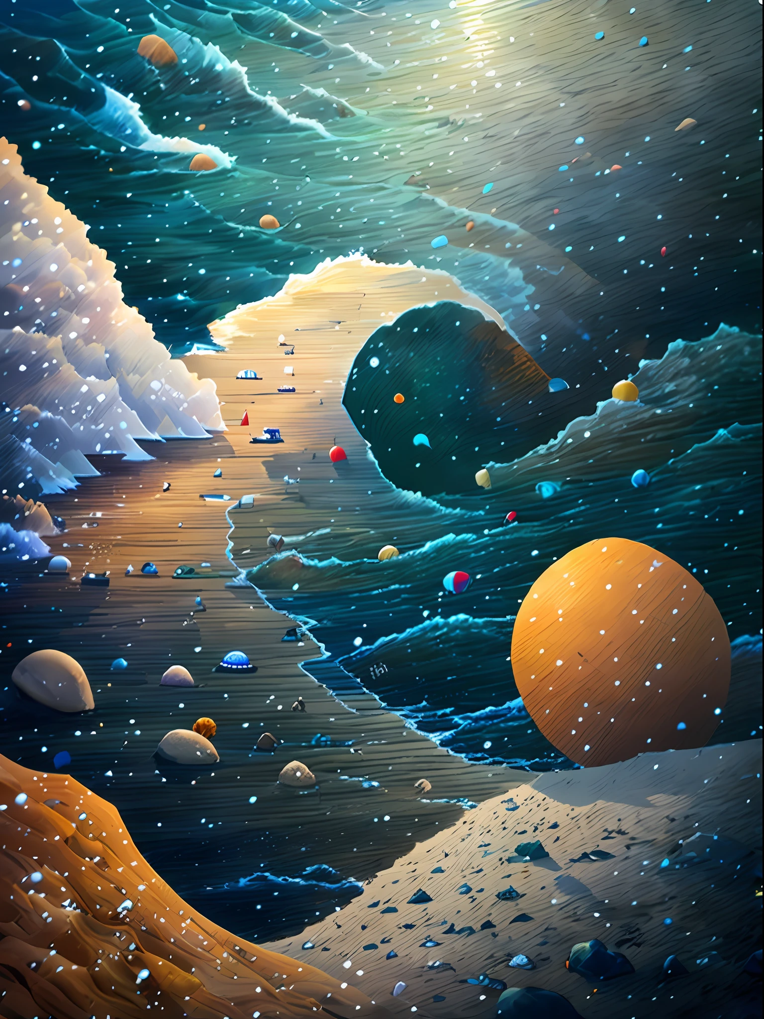 Waves, sun sand, pebbles, beach umbrellas