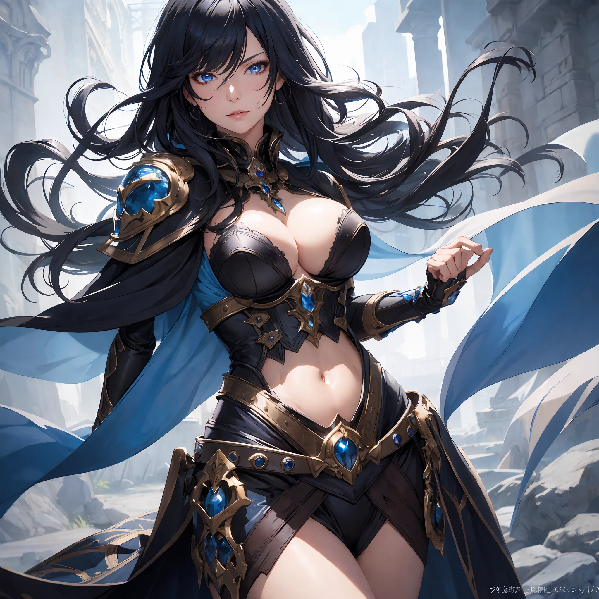 masterpiece, best quality, 1woman, older MILF, female focus, solo, black hair, long hair with fringe, vibrant blue eyes, looking at viewer, cape, High quality metal texture, closed mouth, bangs, high collar,(kbxll:0.6), Fantasy aesthetics, Highly detailed, shadowverse style