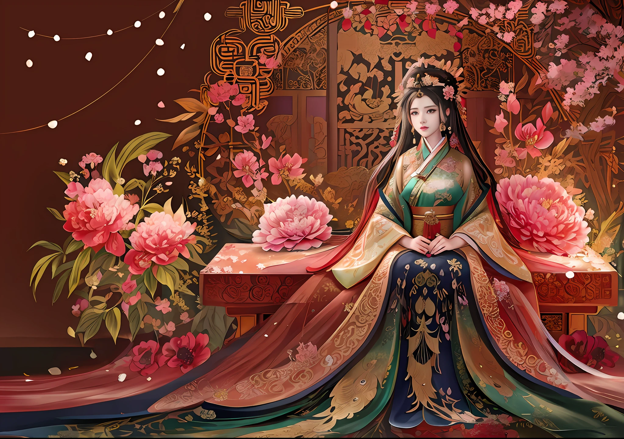 painting of a woman in a long dress with a peacock and flowers, a beautiful fantasy empress, ancient chinese princess, a beautiful artwork illustration, chinese empress, autumnal empress, ancient chinese goddess, ((a beautiful fantasy empress)), chinese princess, ancient asian dynasty princess, exquisite digital illustration, ancient china art style, palace ， a girl in hanfu