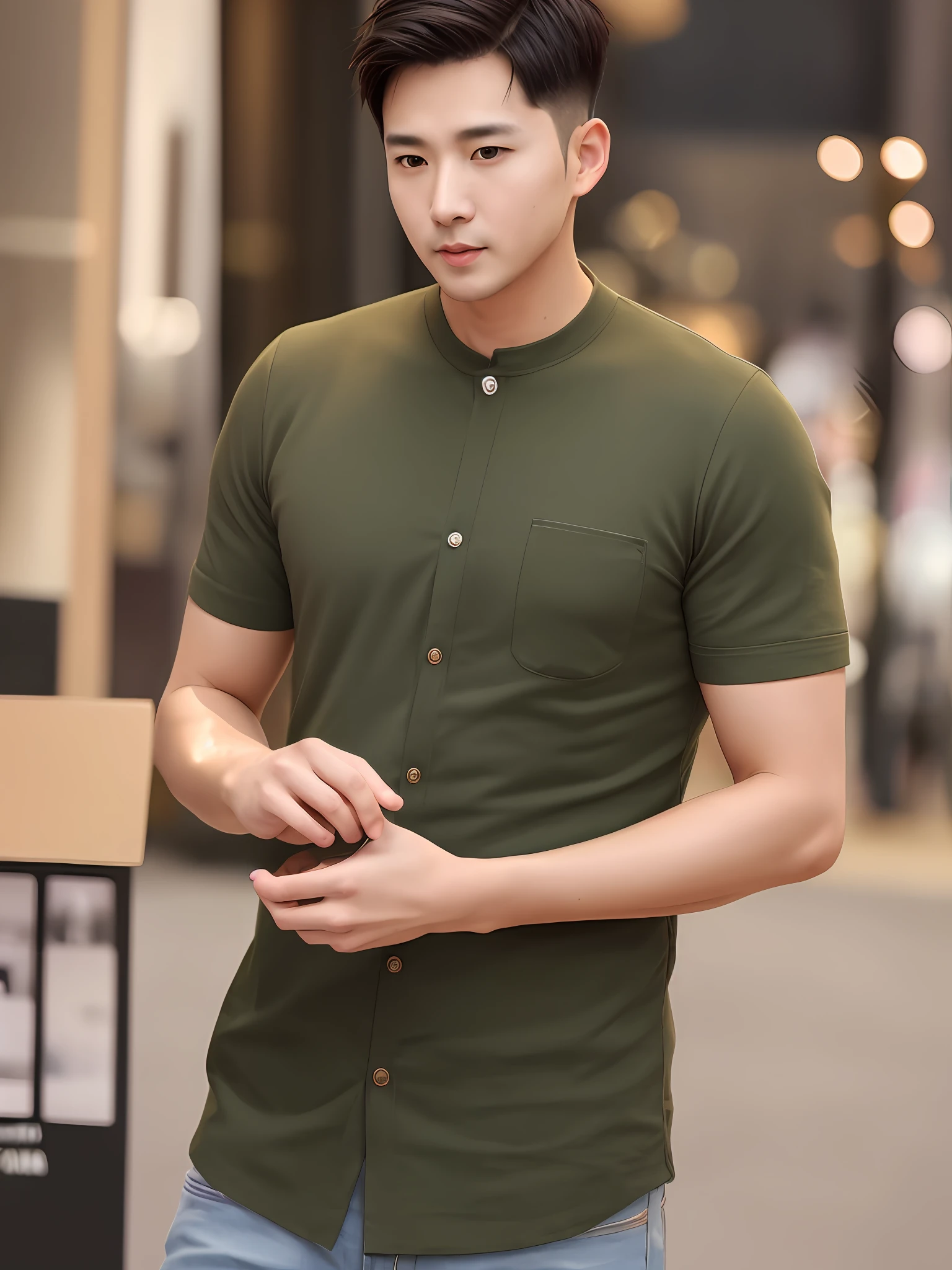 a 35 year old causcatian guy, thin body, neat looking handsome, army cut, kpop, bookeh effect, UHD, masterfully good looking 8k high definition