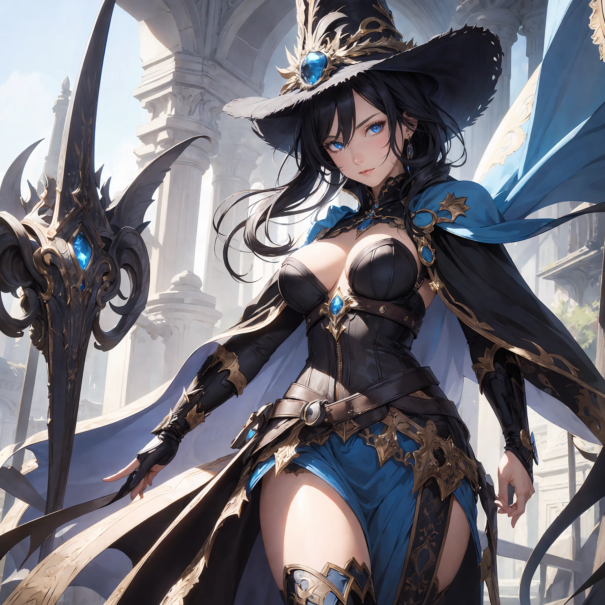 masterpiece, best quality, 1woman, older MILF, female focus, solo, black hair, long hair with fringe, vibrant blue eyes, looking at viewer, cape, High quality metal texture, closed mouth, bangs, high collar,(kbxll:0.6), Fantasy aesthetics, Highly detailed, shadowverse style