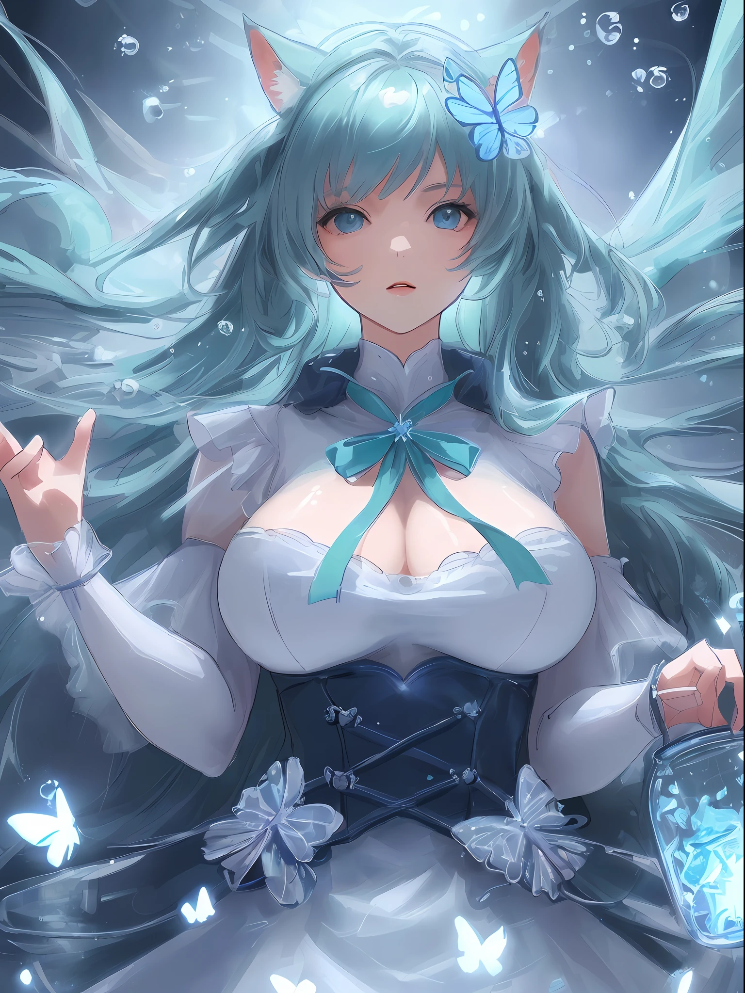 ((Beautiful)), (Best Quality, Super Detail), High Resolution Official Art, [(White Background: 1.45): :5], (Transparent Background: 1.3), Cinematic Lighting, (Girls), Animal Ears, (big breasts:1.3),Clover Plant, Snow and Ice Underwater, Butterfly, (Jar: 1.15), (Girl in the Jar: 1.4), Clear Face, Beautiful Scene, Shinkai Makoto Style, V-Ray, Ultra High Detail, Ultra High Quality, High Resolution Art Station Trend, 8K Close-up, Volume Light Effect.