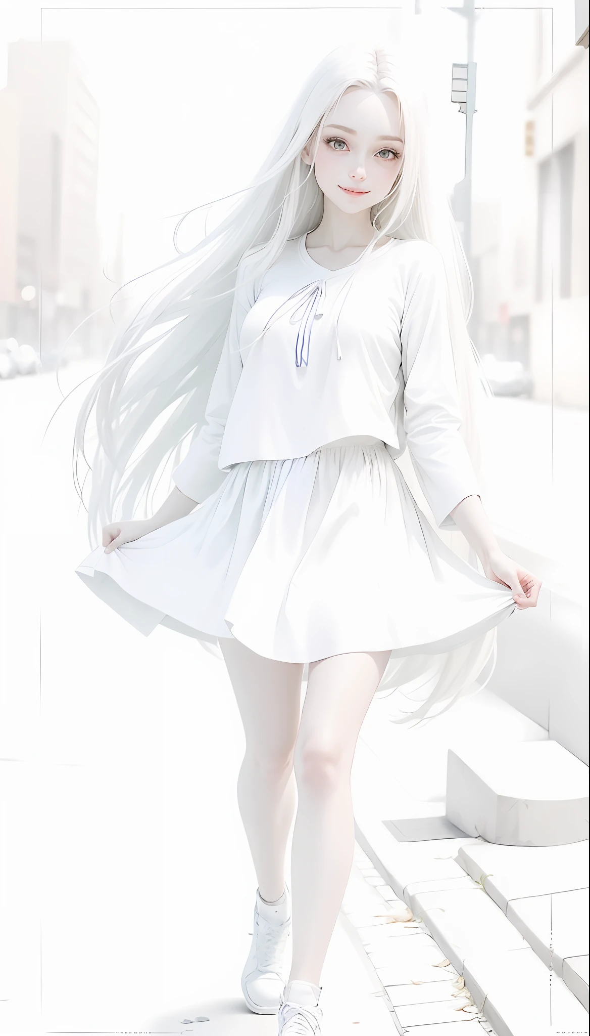 Realistic, high resolution, high texture, beautiful beauty, long flowing hair, big eyes, tunic shirt, full and high straight, sports skirt, walking on the street, long white legs, pale skin, smile, happy eyes