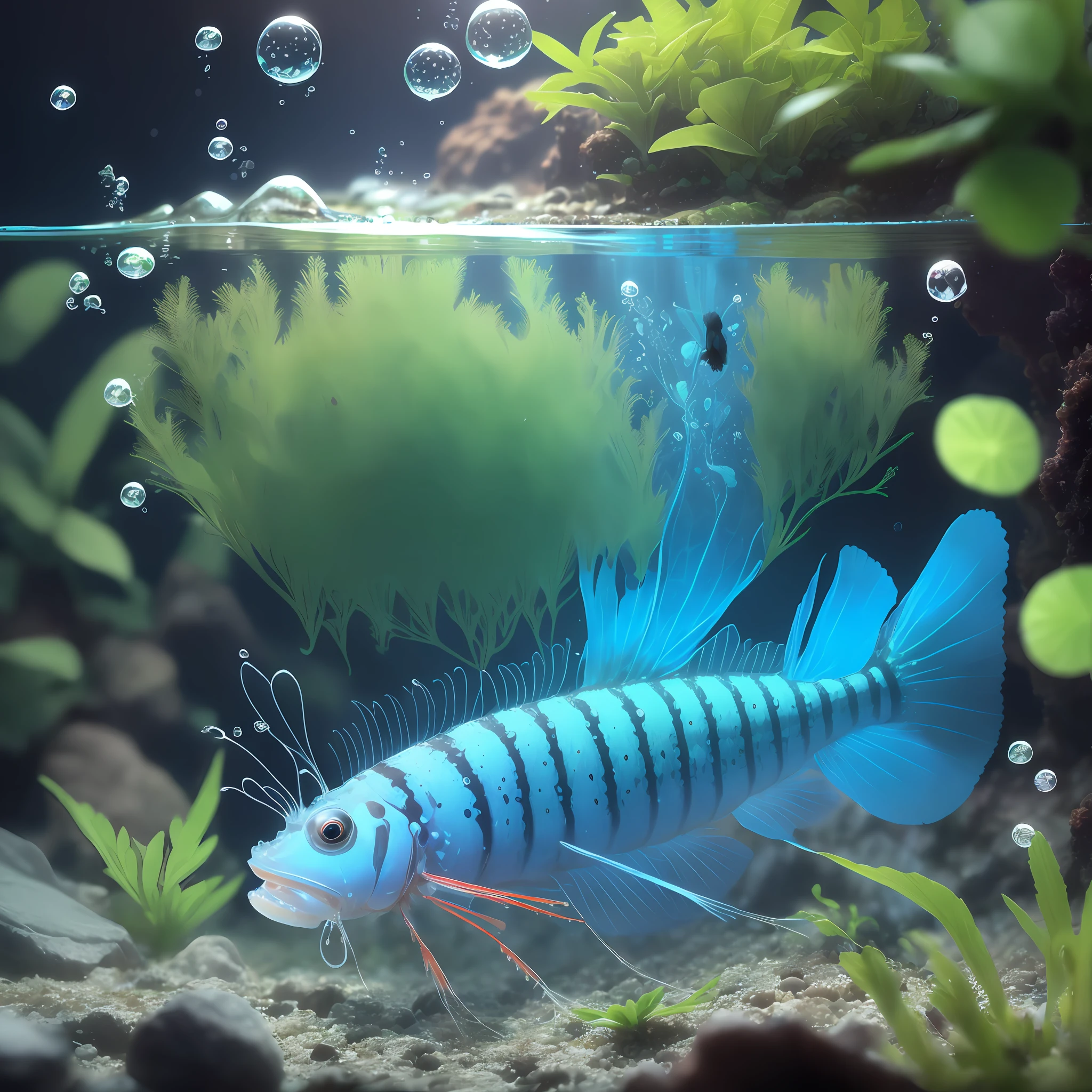ultra high resolution of a blue caridina shrimp sitting on a rock under water with bubbles and some green java mos around it