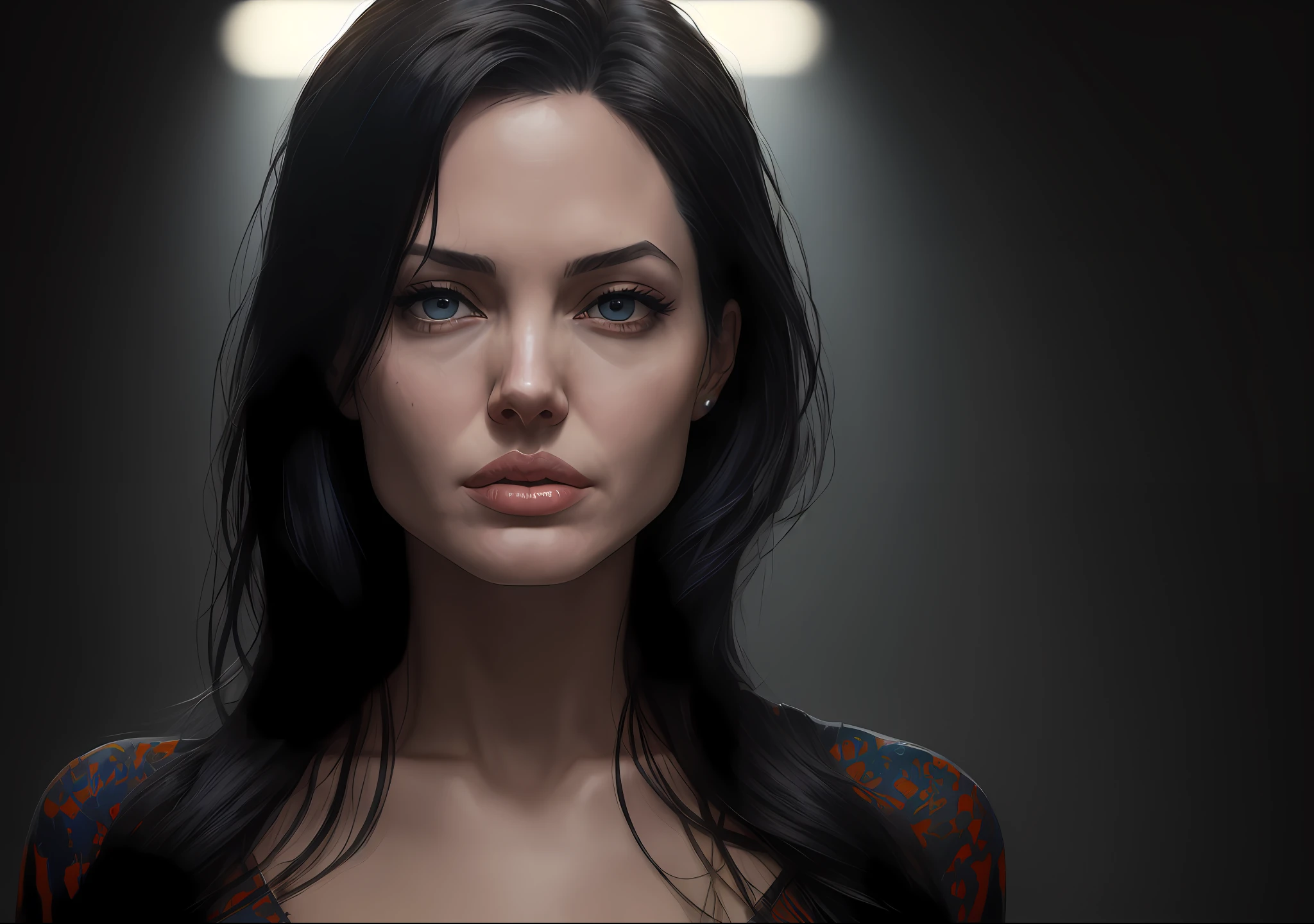 Angelina Jolie standing with her mouth sewn up, showing the whole body of suit and tie Dark photo: realistic epic, distant portrait, sunglasses, blue eyes, black hair by Atey Ghailan, by Greg Rutkowski, by Greg Tocchini, by James Gilleard, by Joe Fenton, by Kaethe Butcher, yellow gradient, black, brown and magenta color scheme, grunge aesthetics!!! War wall background, art by Greg Rutkowski and Artgerm, soft cinematic light, adobe lightroom, photo lab, HDR, intricate, highly detailed, (faded, (neutral colors: 1.2), (HDR: 1.4), (soft colors:1.2), hyperdetailed, (artstation:1.4), cinematic, warm lights, dramatic light, (intricate details:1.1), complex background, (rutkowski:0.66), (blue and orange:0.4