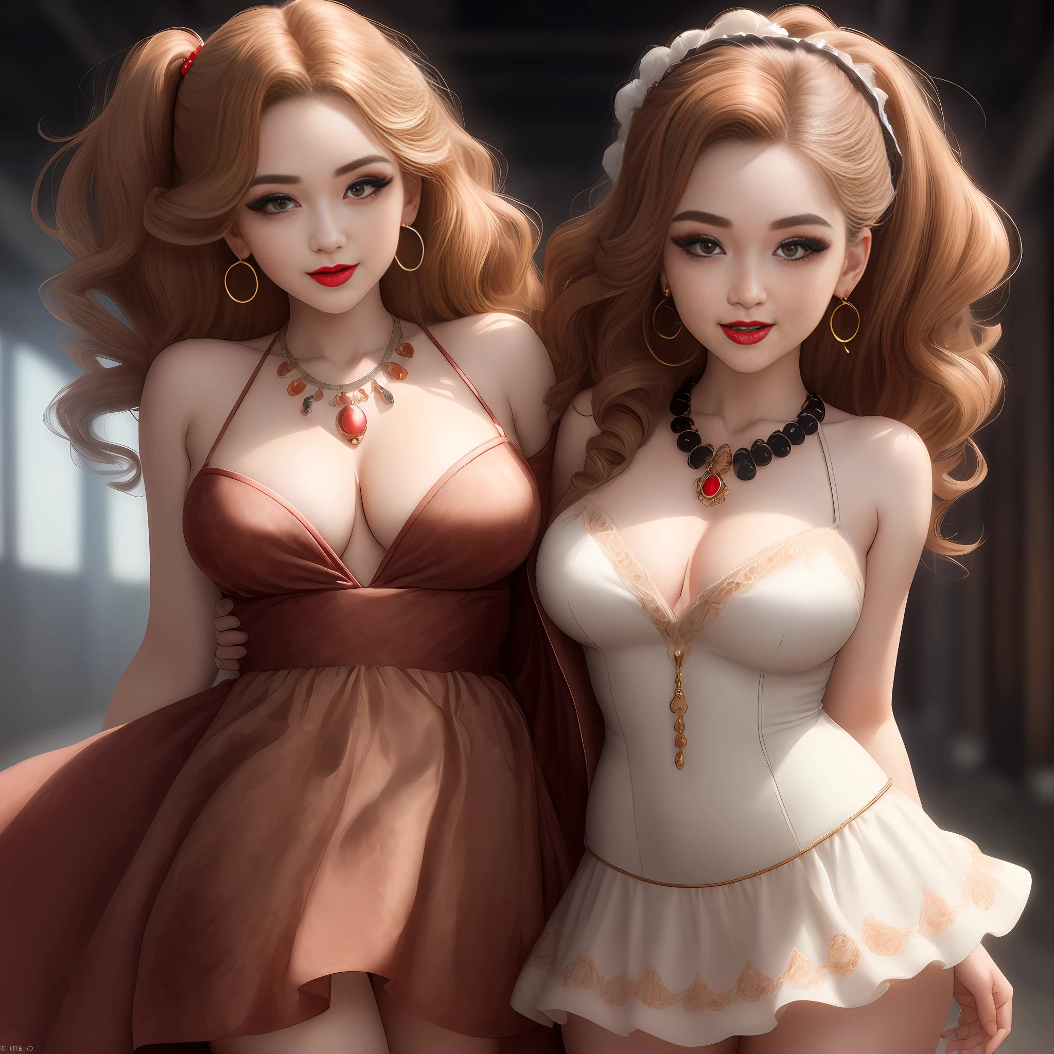 (only 1girl, not more than 1girl),no more than 1 body, never overlap parts of the body, hands under the chest, Best ratio between upper arm and forearm, only 1 photo, mature woman, 26 years old, short skirt, sexy pose, 8K, RAW photo, top quality, high quality, extreme detail photo, extreme detail eye, detail nose, extreme detail face, extreme detail hair,  Extreme detail body, (photo shoot: 1.3), perfect anatomy, fluffy eyes, big eyes, well-shaped eyes. Brown eyes, colorful hair, caramel-colored hair, wavy hair, detailed eyebrows, smiley face, very deep wrinkles around the mouth, neat teeth, (normal breasts: 1.2), natural makeup, red lips, detailed jewelry necklace, detailed earrings, dark warehouse background,