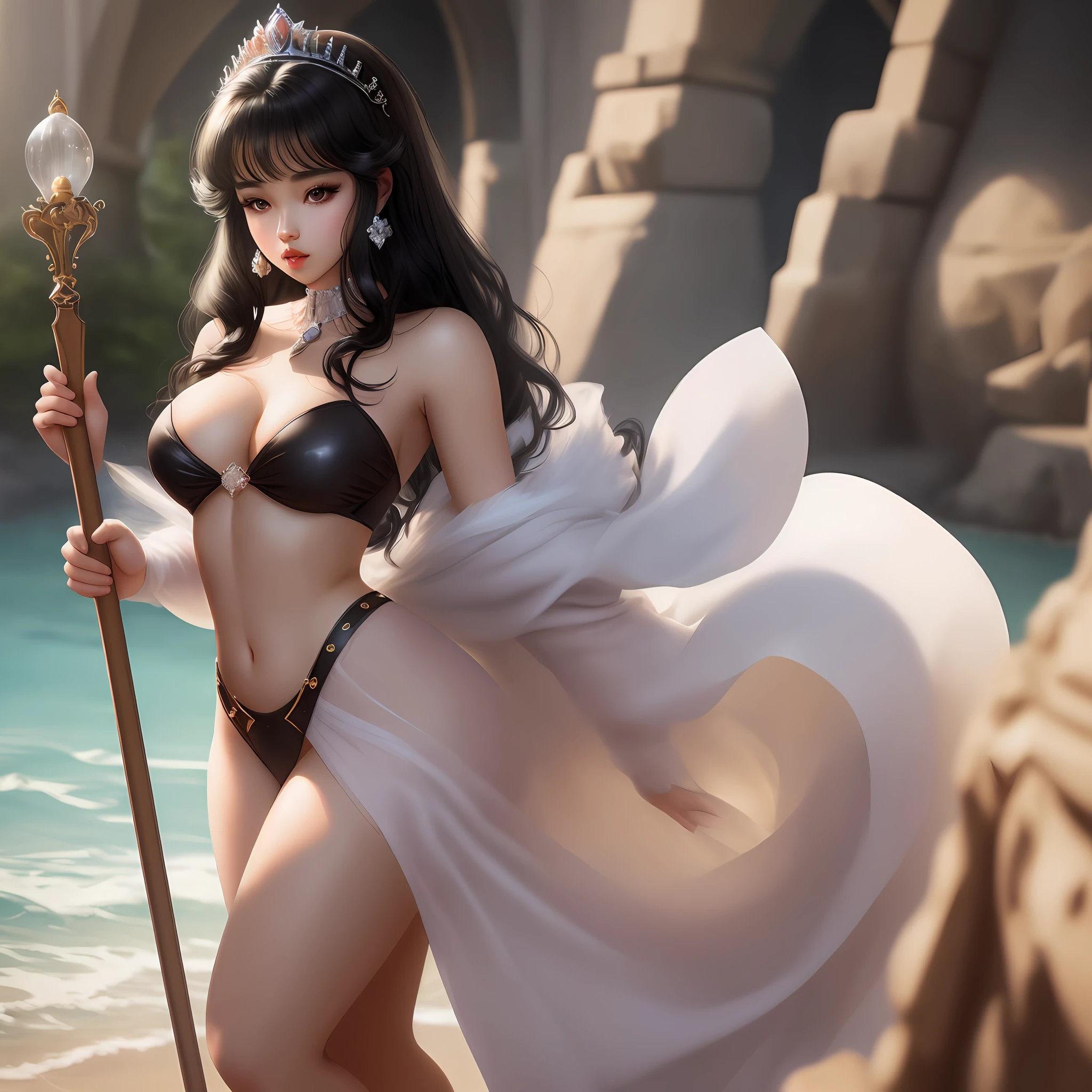 A perfect princess with well-defined lips, perfectioned body, black hair;