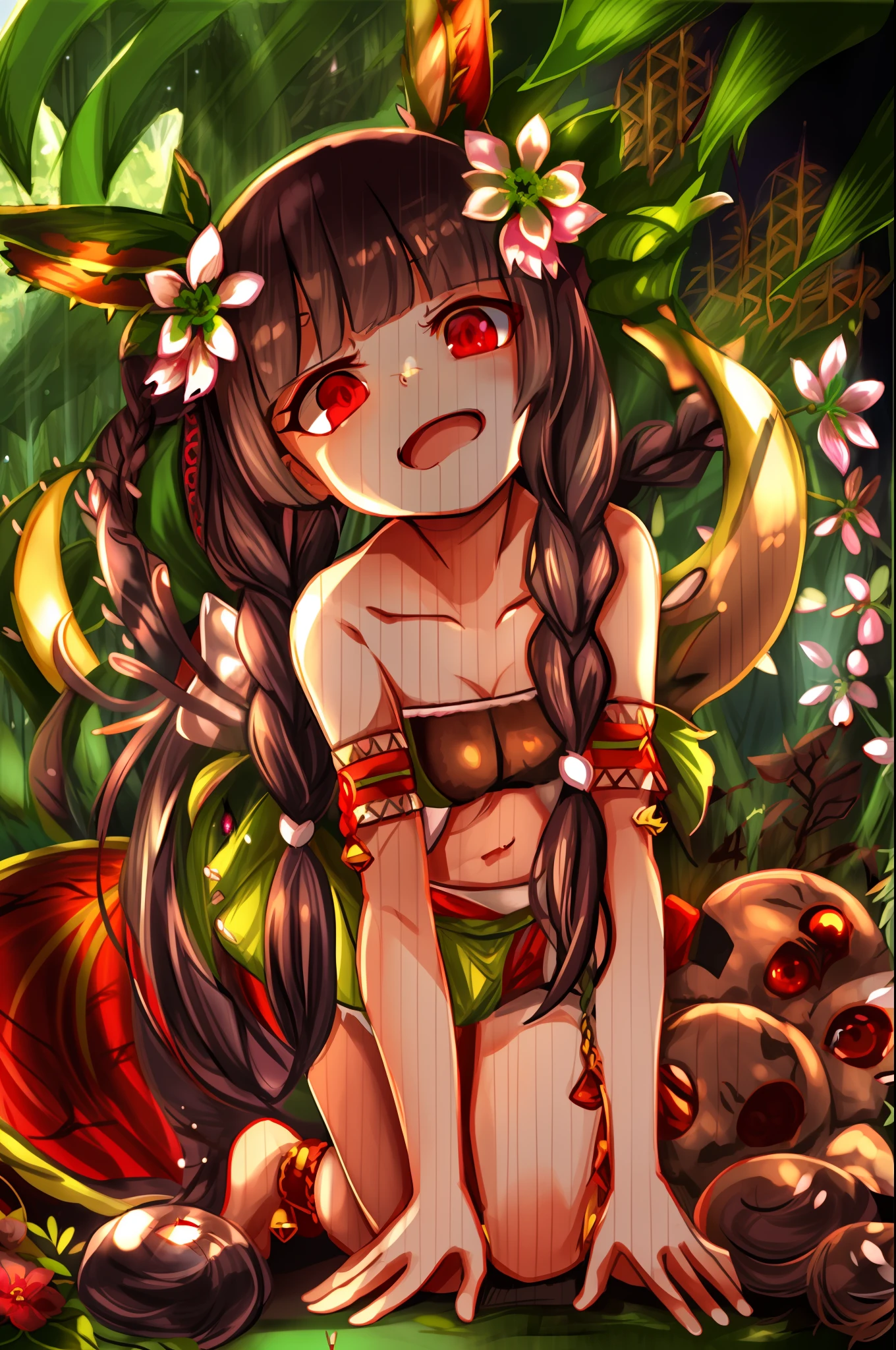 traptrixdionaea, tail, navel, bare shoulders, hair ornament, Facing the camera, solo, 1girl, (forest background:1.5), masterpiece, solo, beautiful detailed eyes, finely detail, detailed face, vivid color, 5 fingers, finely detailed, hyper detailed, detailed hand, 8k, finely detailed beautiful eyes, high resolution illustration, best quality, (evil smug:1.3), sadistic looks, braid, cleavage, dress, duel monster, frown, gradient eyes,  low twin braids, multicolored eyes, navel, plant, plant girl, ponytail, red eyes, twin braids, venus flytrap, clothes pattern, bloomers, (facial mark:0.66),  (loli:1.2), seiza, leaning forward, smug, open mouth, evil, evil eyes,