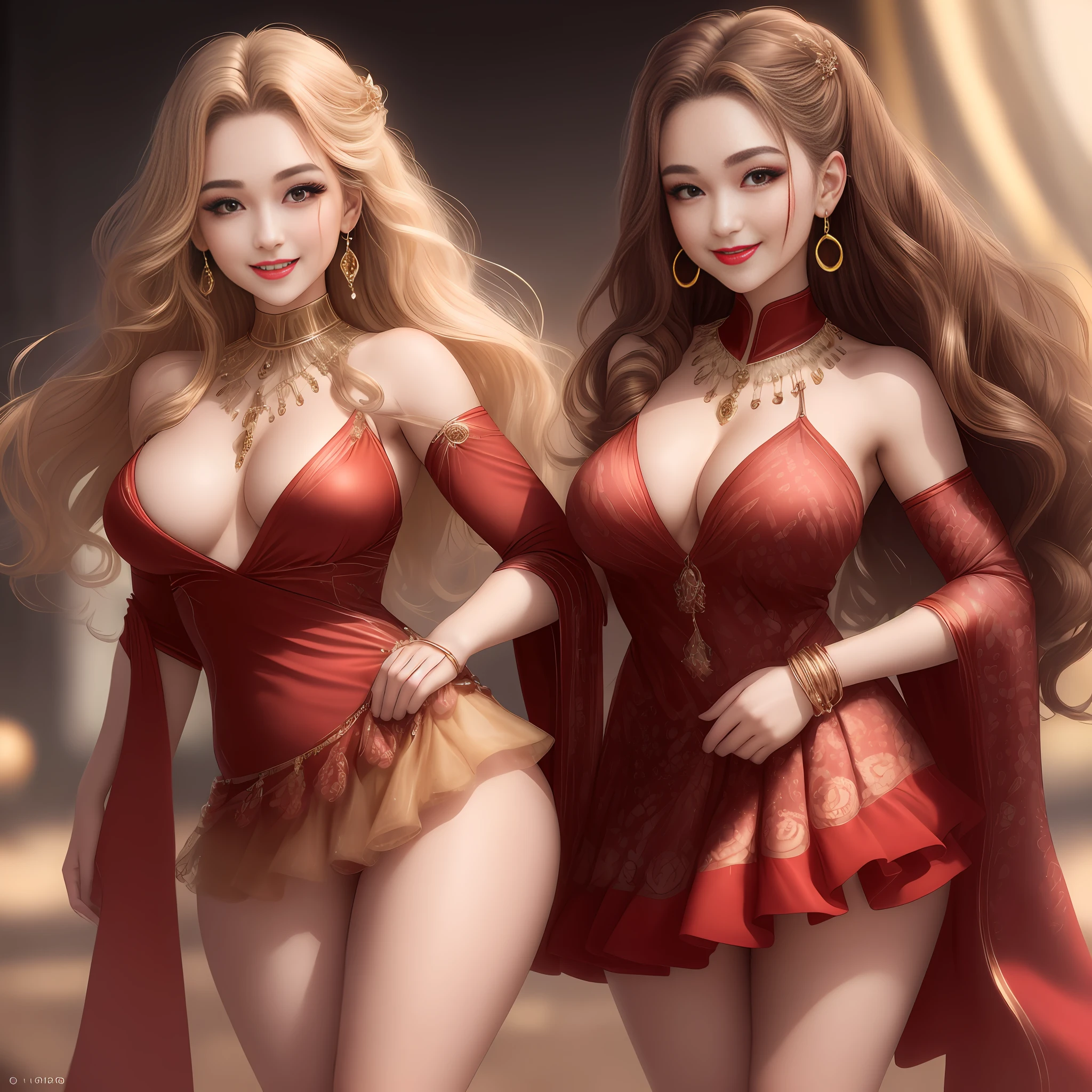 only 1girl, no more than 2girls, no more than 1 body, never overlap parts of the body, only 1 photo, mature woman, 26 years old, short skirt, sexy pose, 8K, RAW photo, top quality, high quality, extreme detail photo, extreme detail eye, detail nose, extreme detail face, extreme detail hair, extreme detail body, (photo shoot light: 1.3), perfect anatomy,  Brown eyes, gorgeous hair, caramel-colored hair, wavy hair, detailed eyebrows, smiling face, very deep wrinkles around the mouth, neat teeth, (normal breasts: 1.2), natural makeup, red lips, detailed jewelry necklace, detailed earrings,