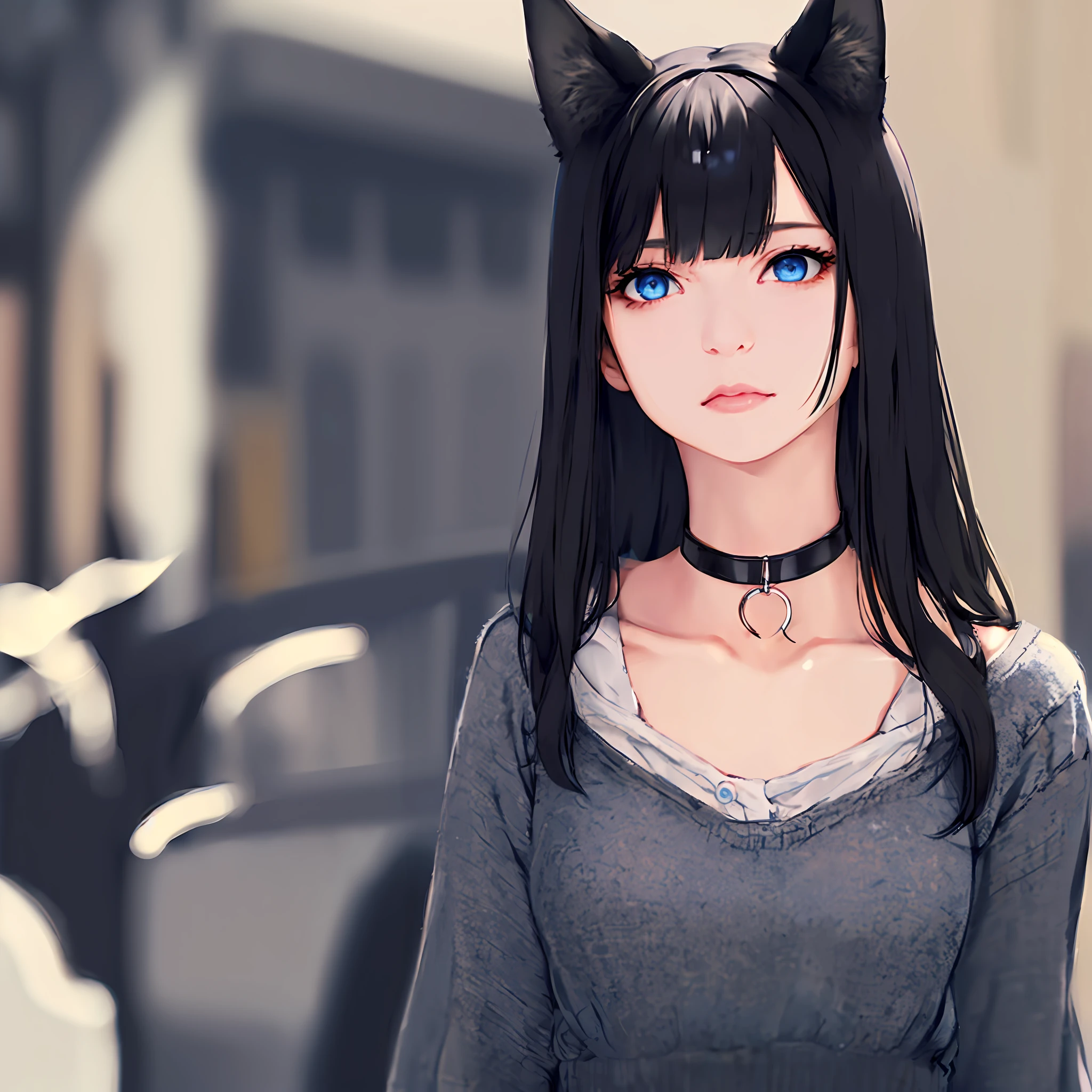 1girl, animal ears, bangs, black choker, black hair, blue eyes, blurry, cat ears, choker, closed mouth, collarbone, eyelashes, lips, long hair, looking at viewer, portrait, solo,(shiny skin),realistic,fashi-girl,mature female